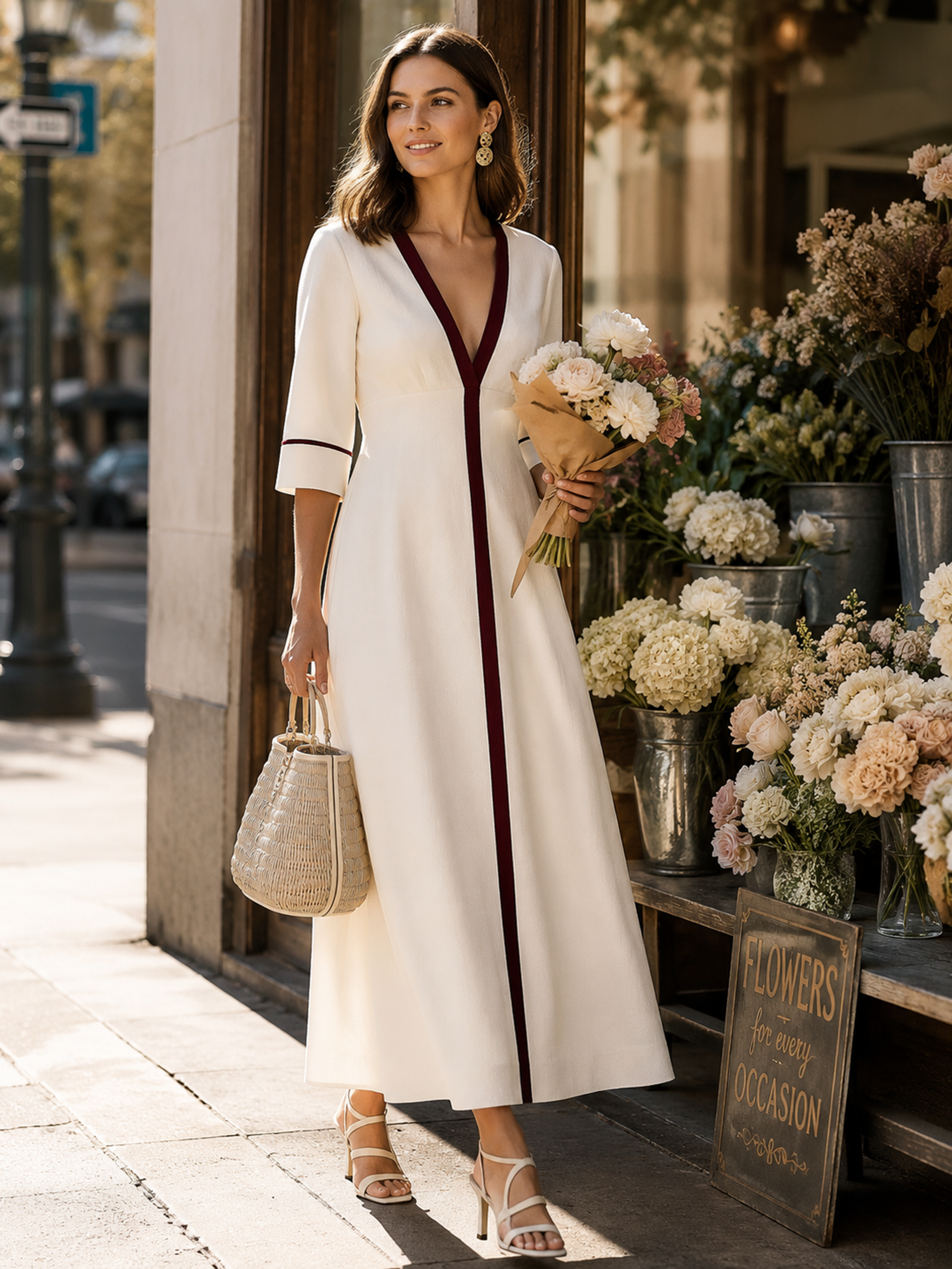 Cream Burgundy Contrast V-Neck Elbow Sleeve A-Line Maxi Dress