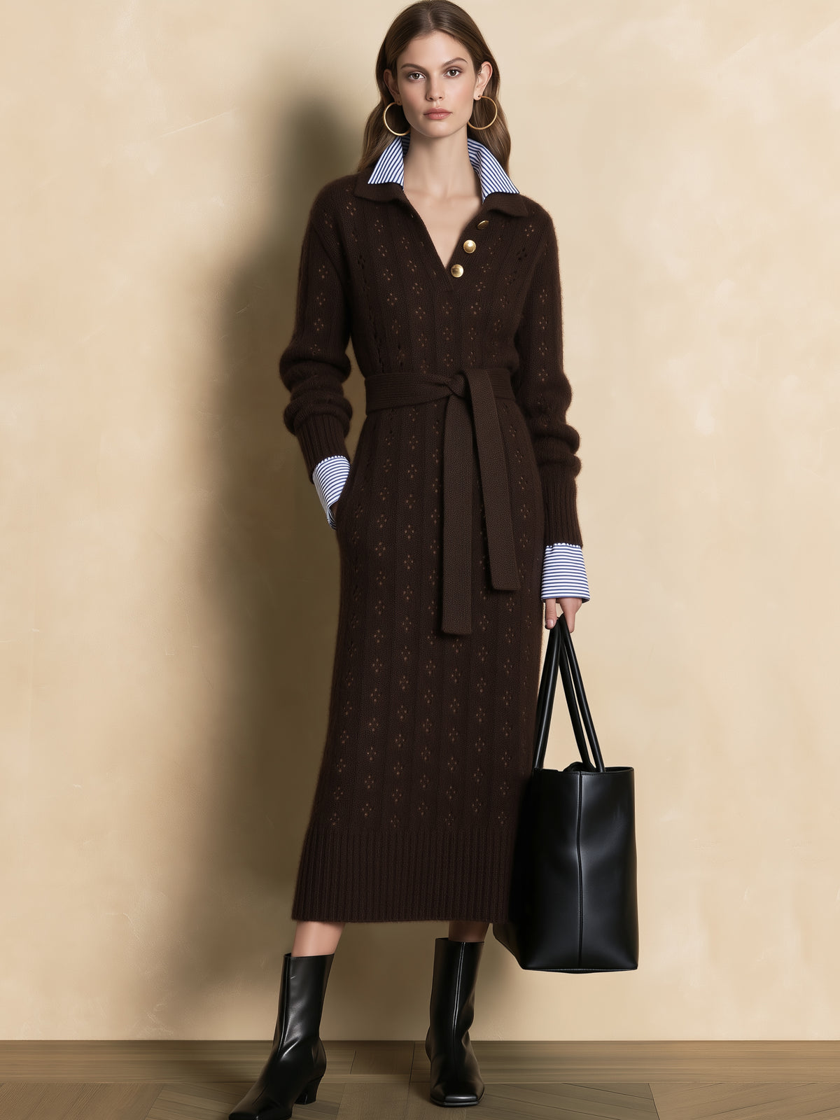 Faux Two-Piece Pointelle Knit Midi Dress