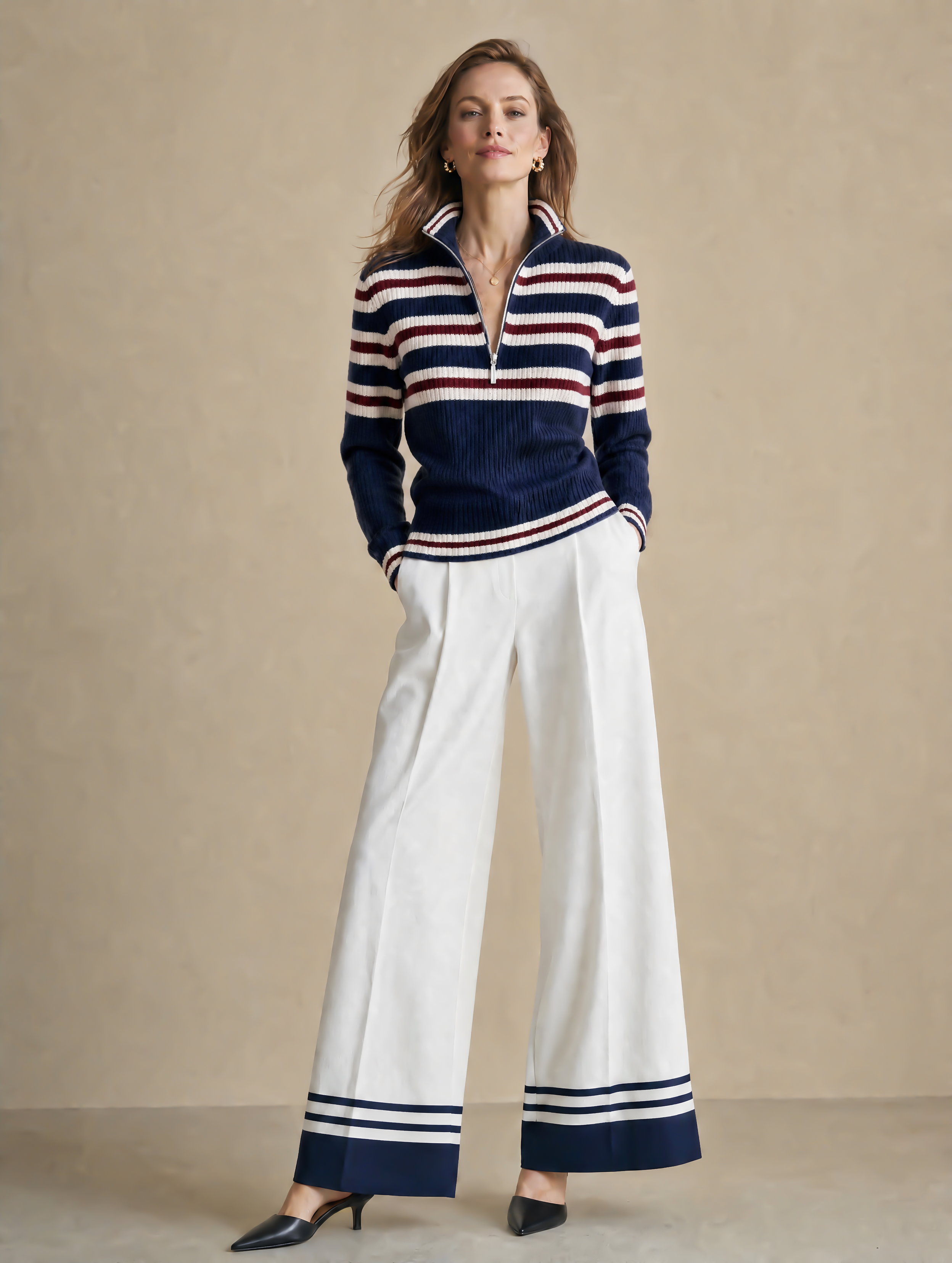 Elegant Ivory & Navy Contrast-Trim Wide-Leg Tailored Pants