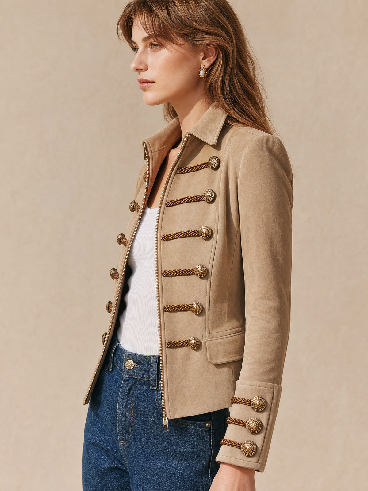 Braided‑Trim Military Tailored Suede Jacket