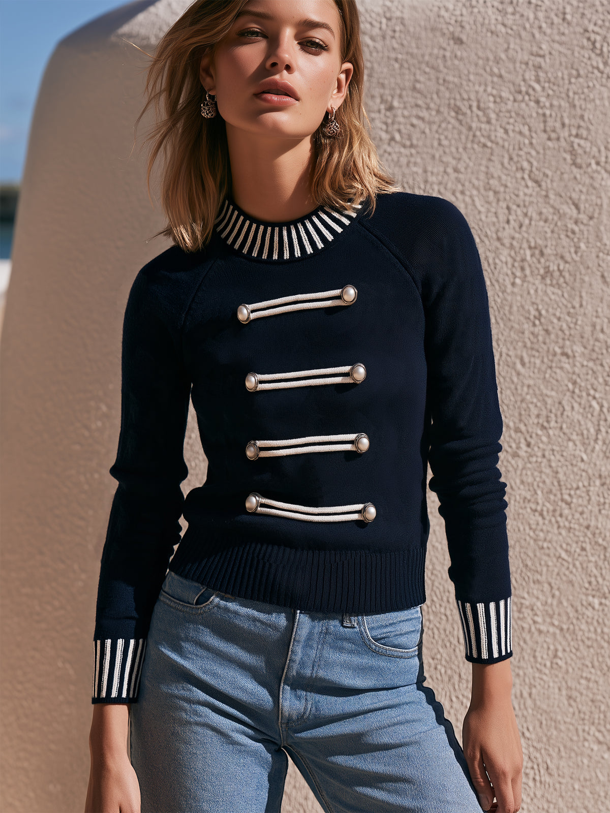 Military Style Pearl Button Knit Sweater
