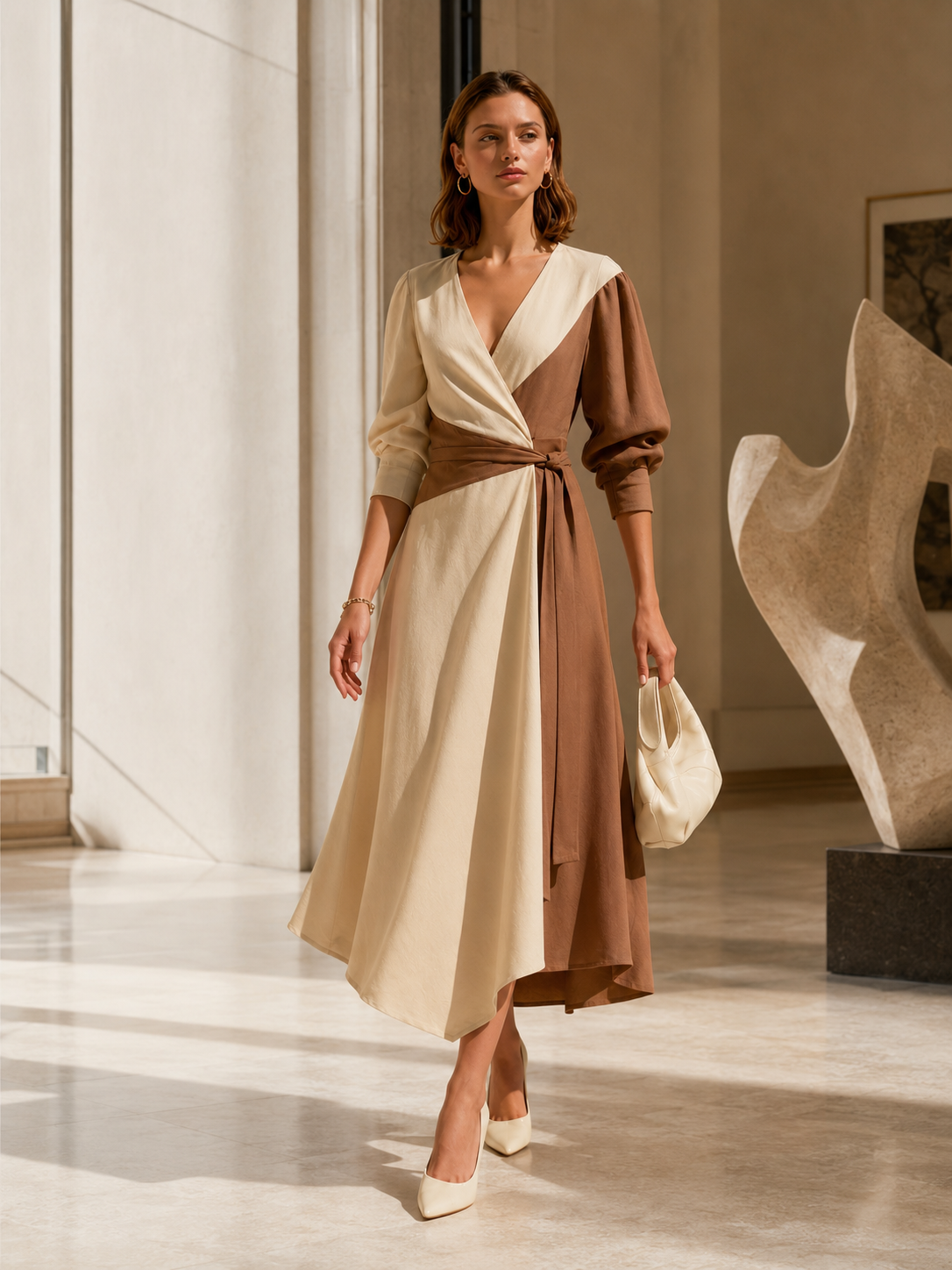 White And Brown Color-block V-neck Maxi Dress