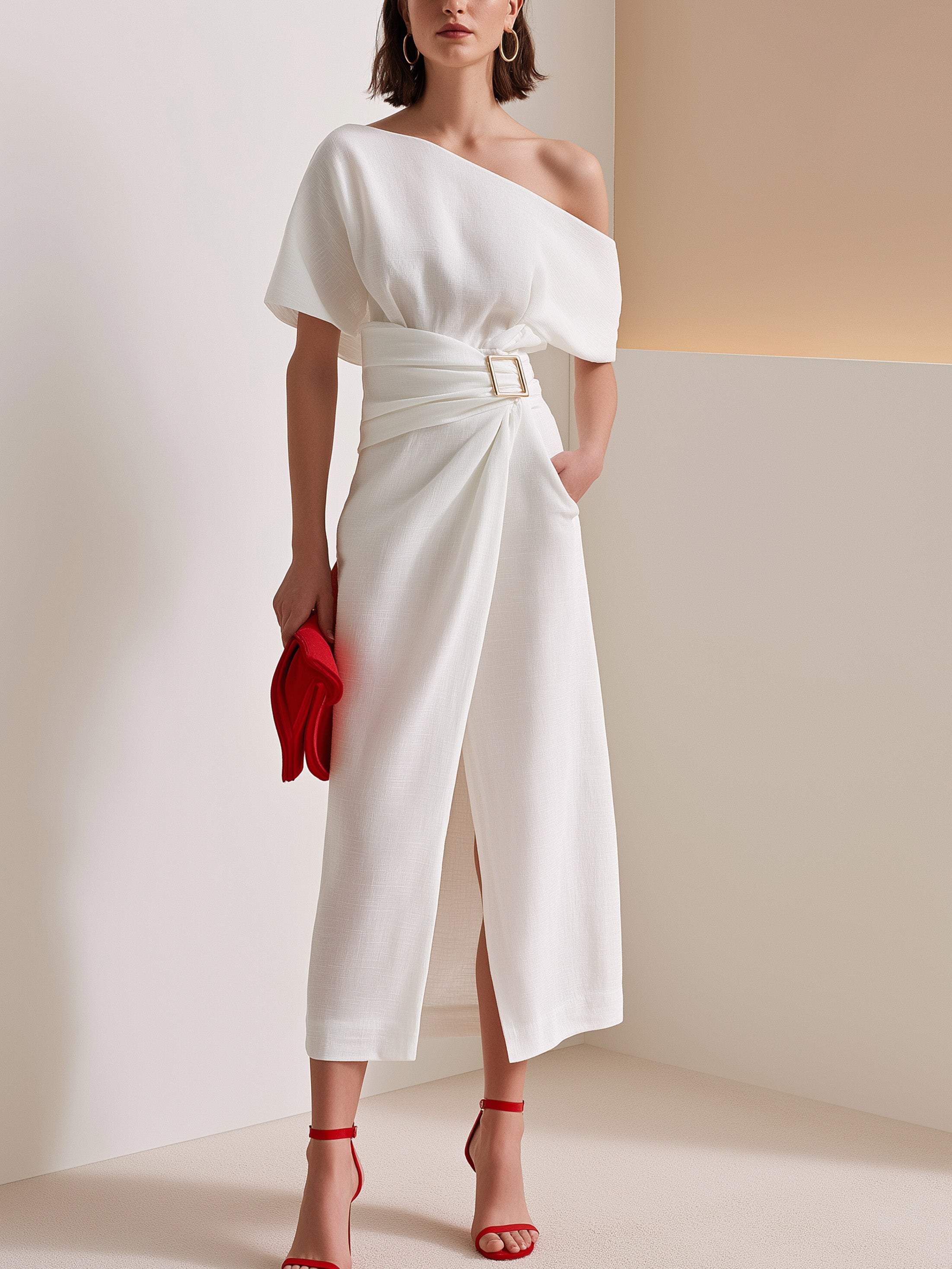 Elegant Beige Asymmetric Draped Waist Work-to-Vacation Dress