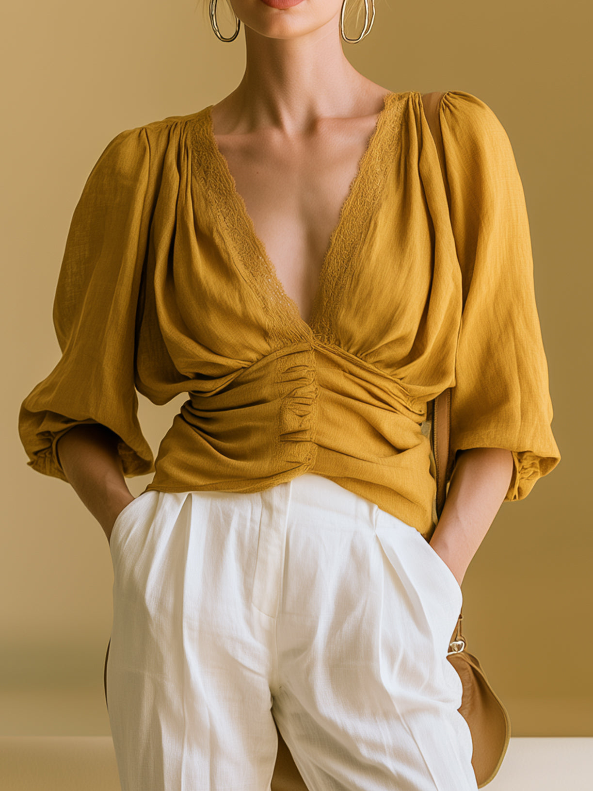 Elegant Ginger-yellow Linen Shirt With A Lace Collar