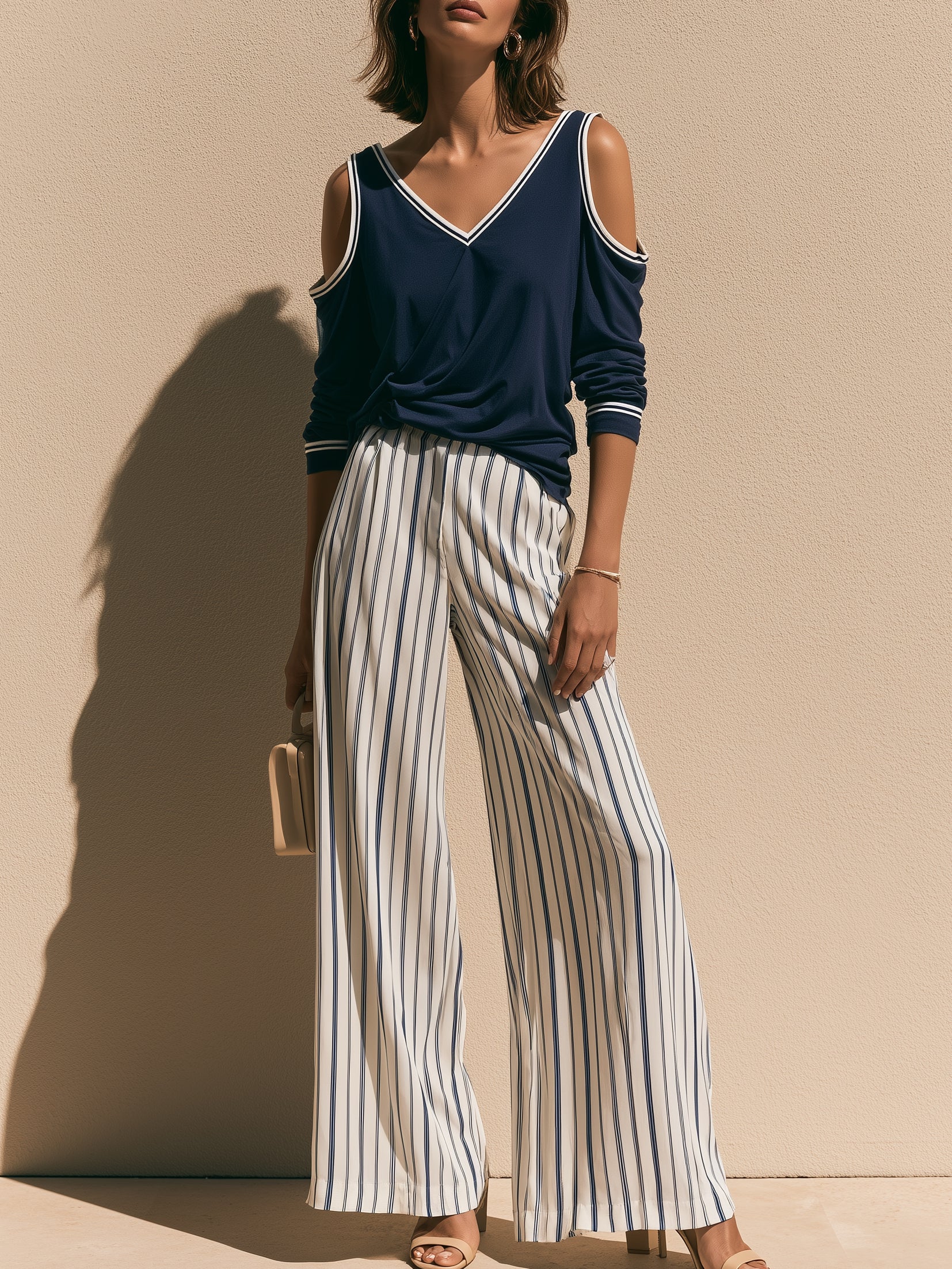 Navy Blue Off-the-shoulder Long-sleeve Matching Set
