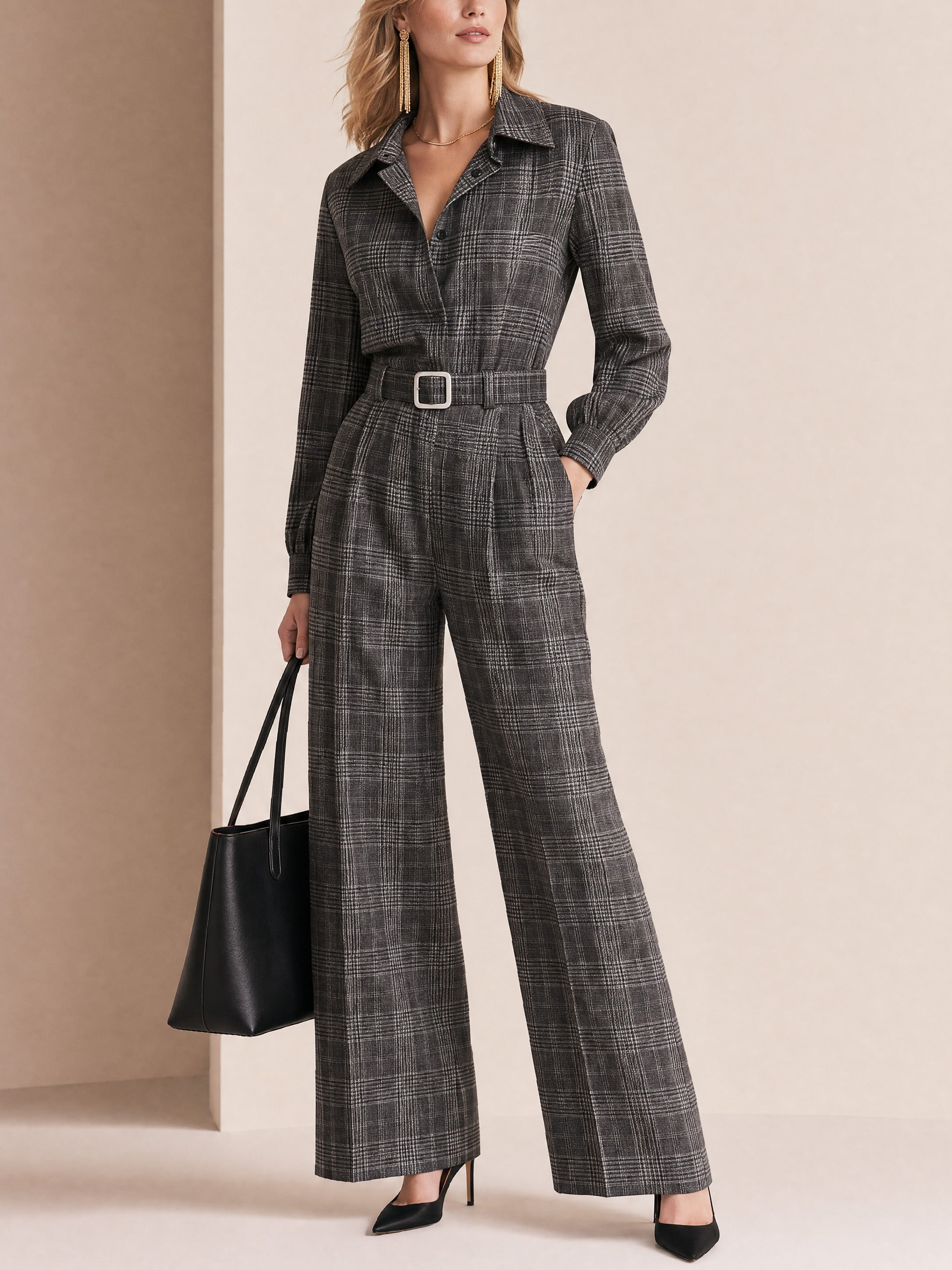 French Commute Charcoal Plaid Collar Draped Wide-Leg Jumpsuit