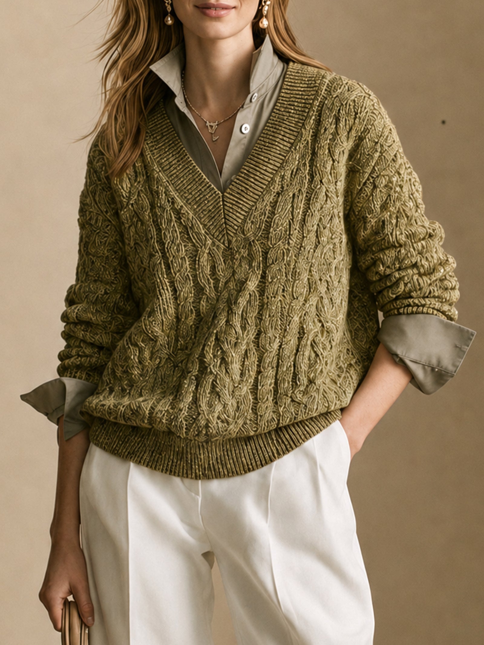 Olive Green Cable-knit Sweater With A Faux-layered Look