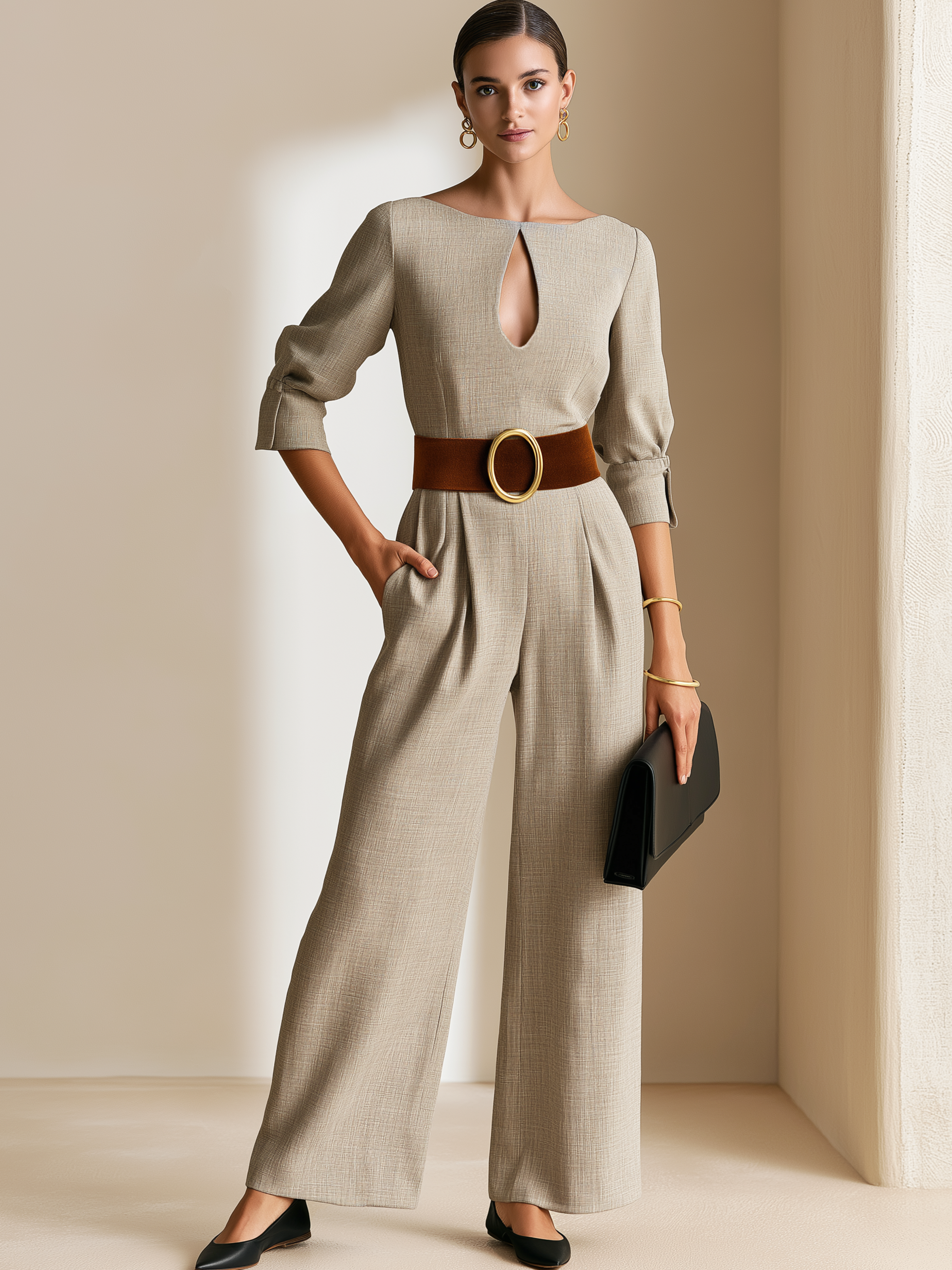 Elegant Oat Boat Neck Cutout 3/4 Sleeve Wide Suit Jumpsuit