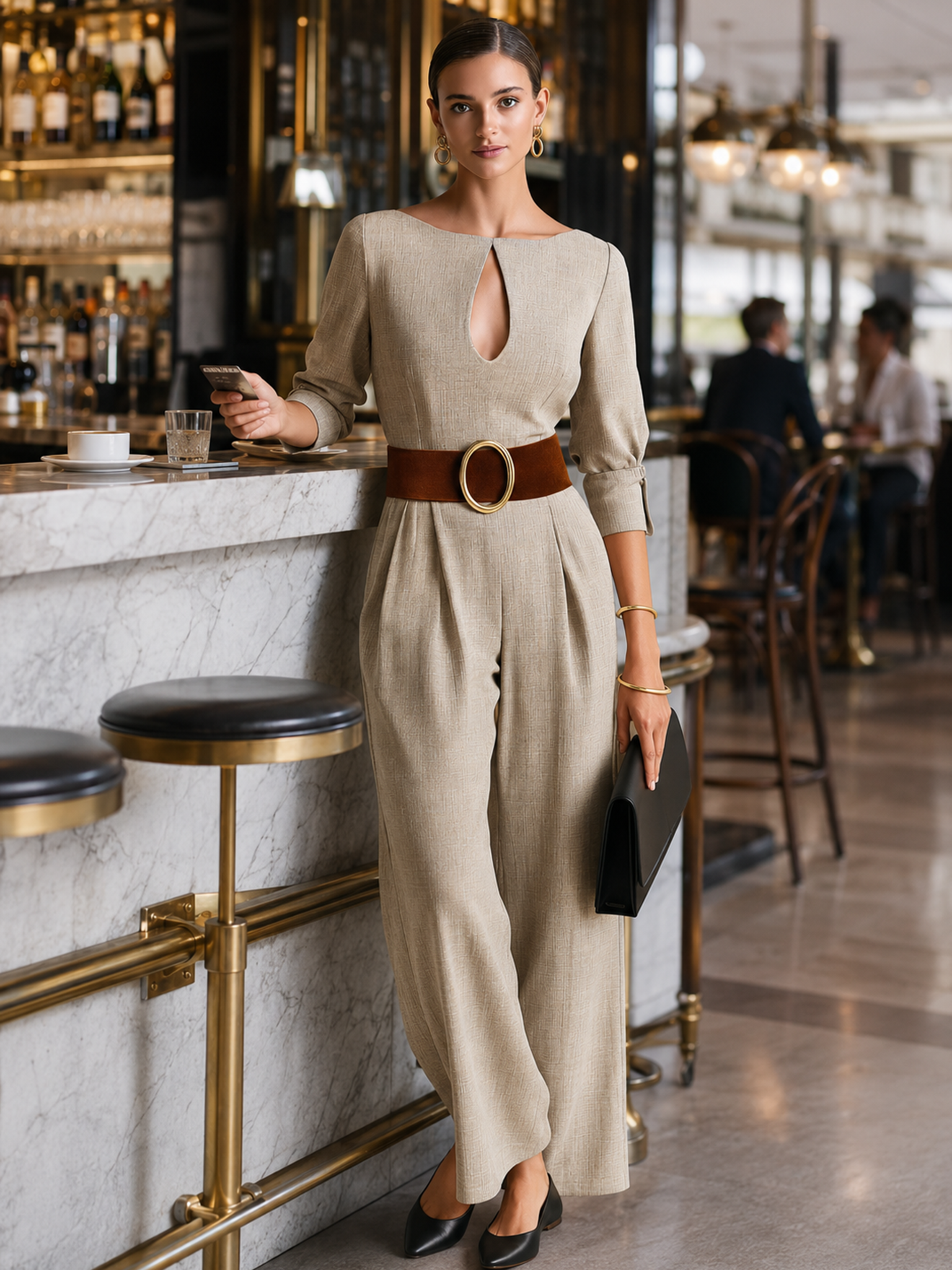Elegant Oat Boat Neck Cutout 3/4 Sleeve Wide Suit Jumpsuit