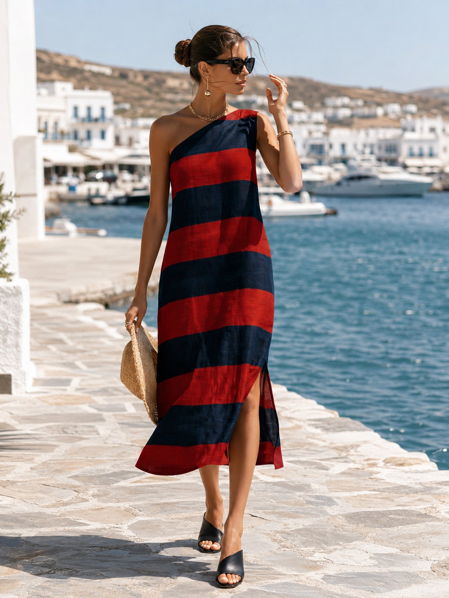 striped one shoulder dress Surf Gypsy Striped One Shoulder Midi Dress in Multi