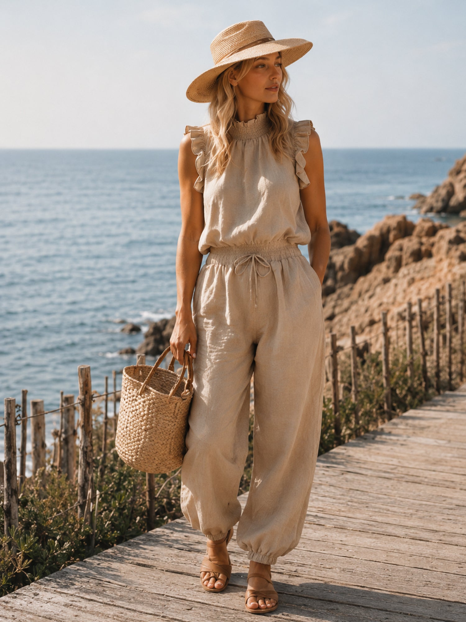 Liserie  Oatmeal Linen Ruffle Neck Top & Drawstring Pants Casual Set