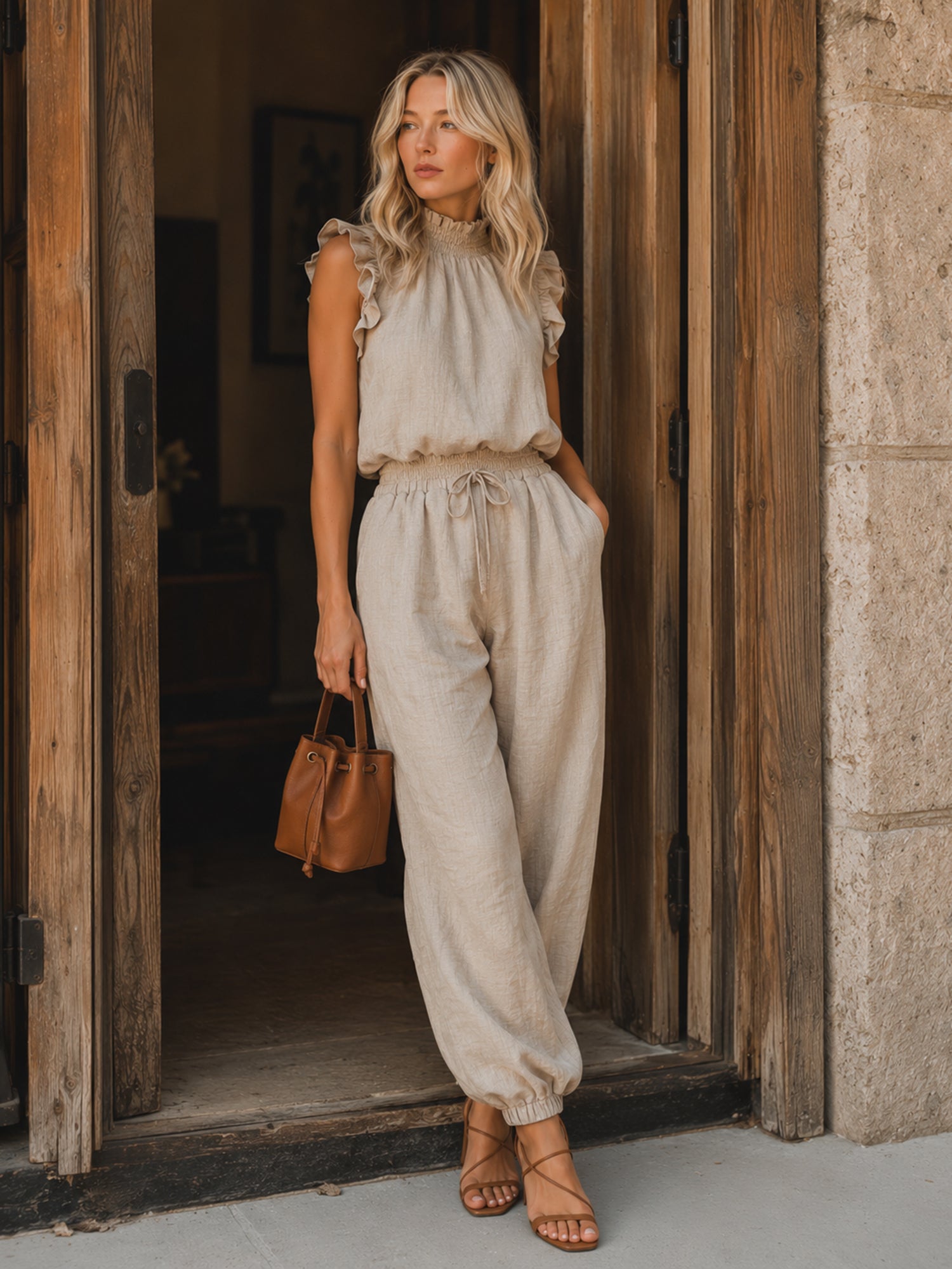Liserie  Oatmeal Linen Ruffle Neck Top & Drawstring Pants Casual Set