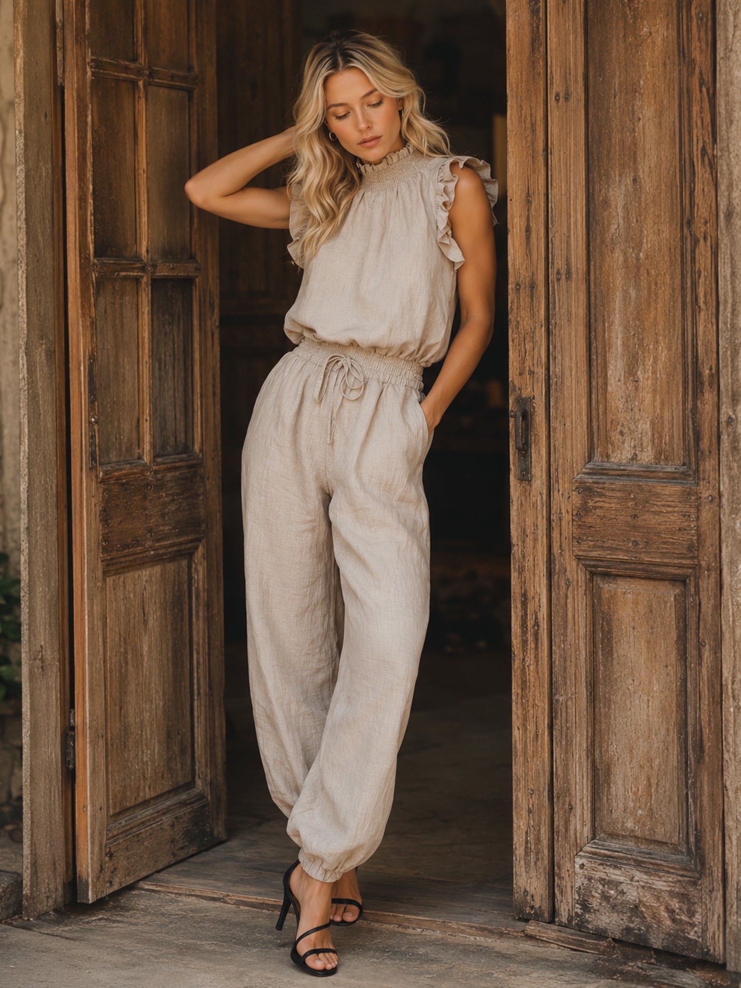Liserie  Oatmeal Linen Ruffle Neck Top & Drawstring Pants Casual Set
