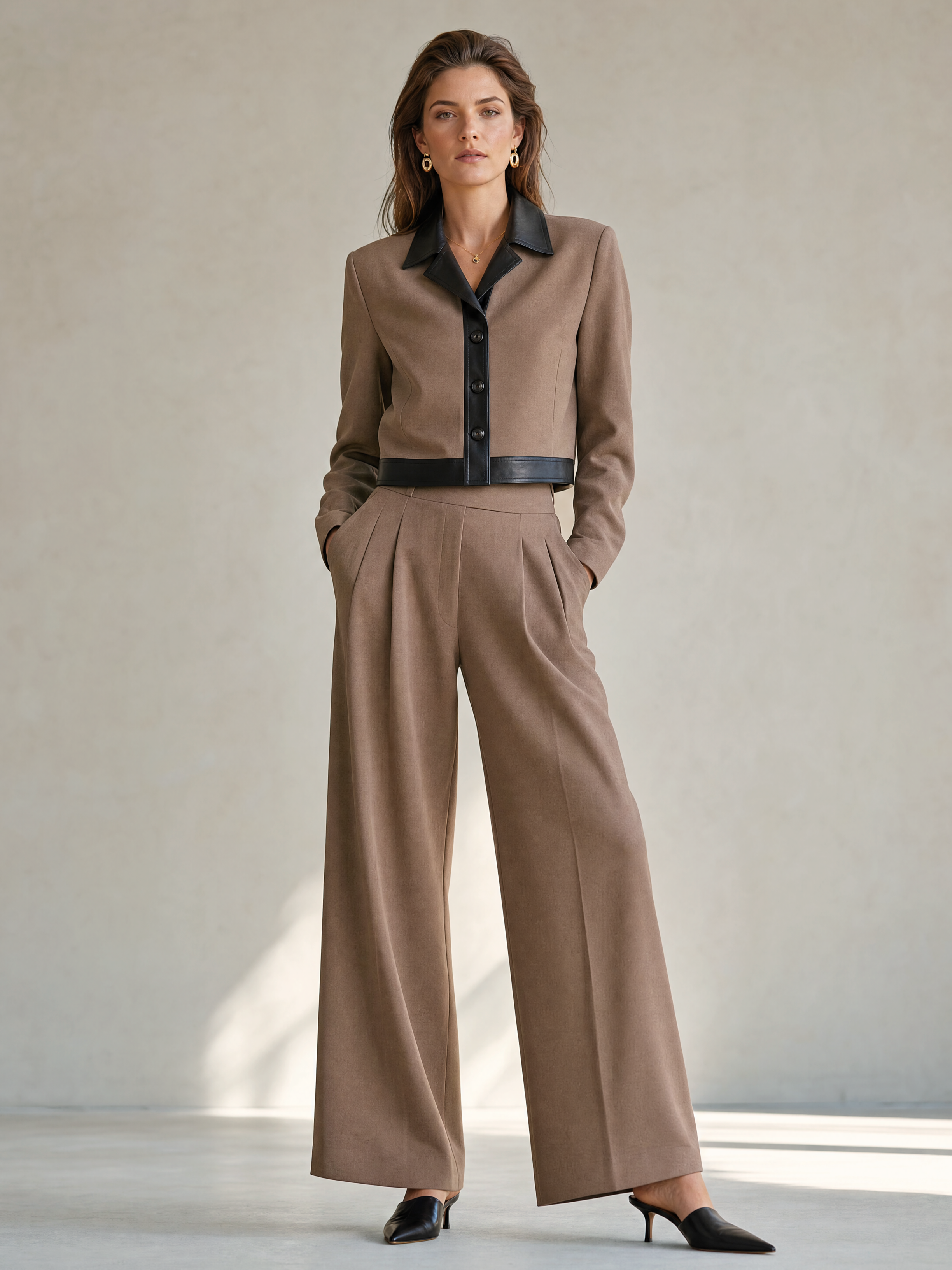 Elegant Taupe & Black Leather-Trimmed Suit Set