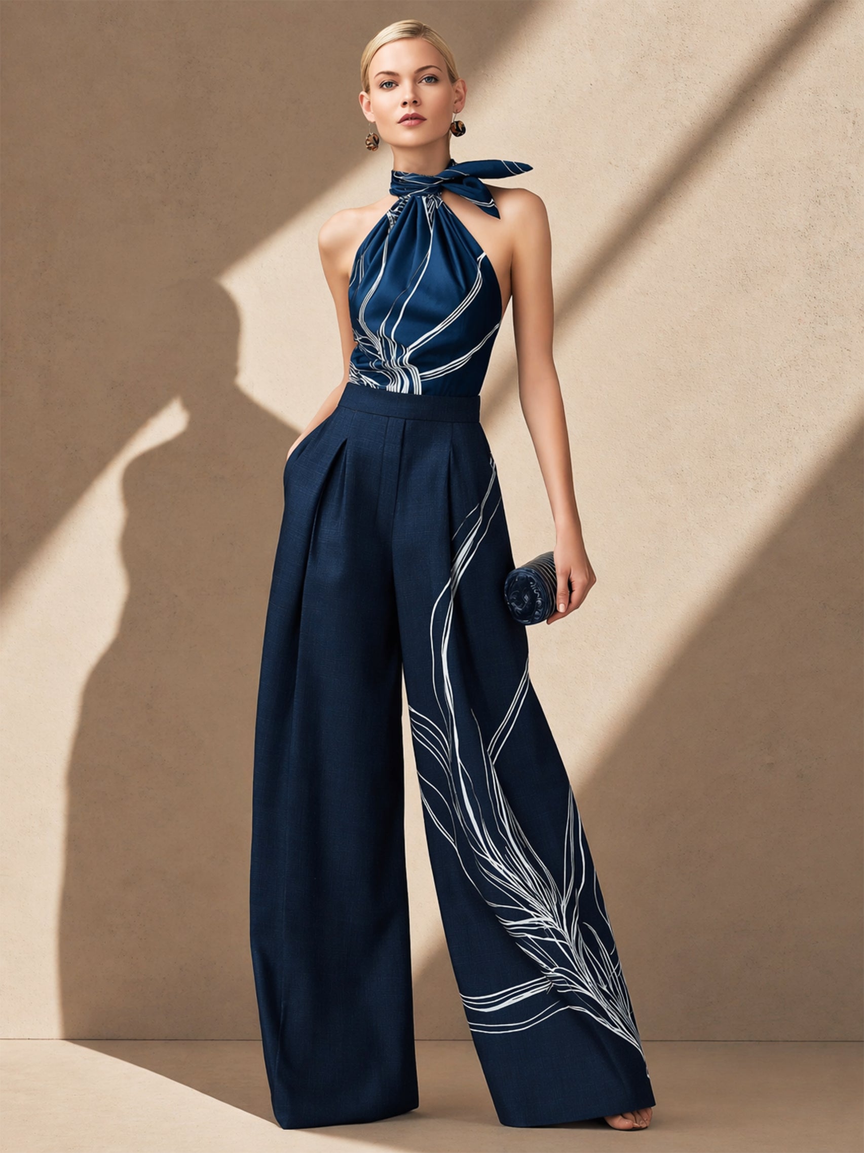 Liserie Satin Halter Blouse & Linen Wide Leg Trousers Set