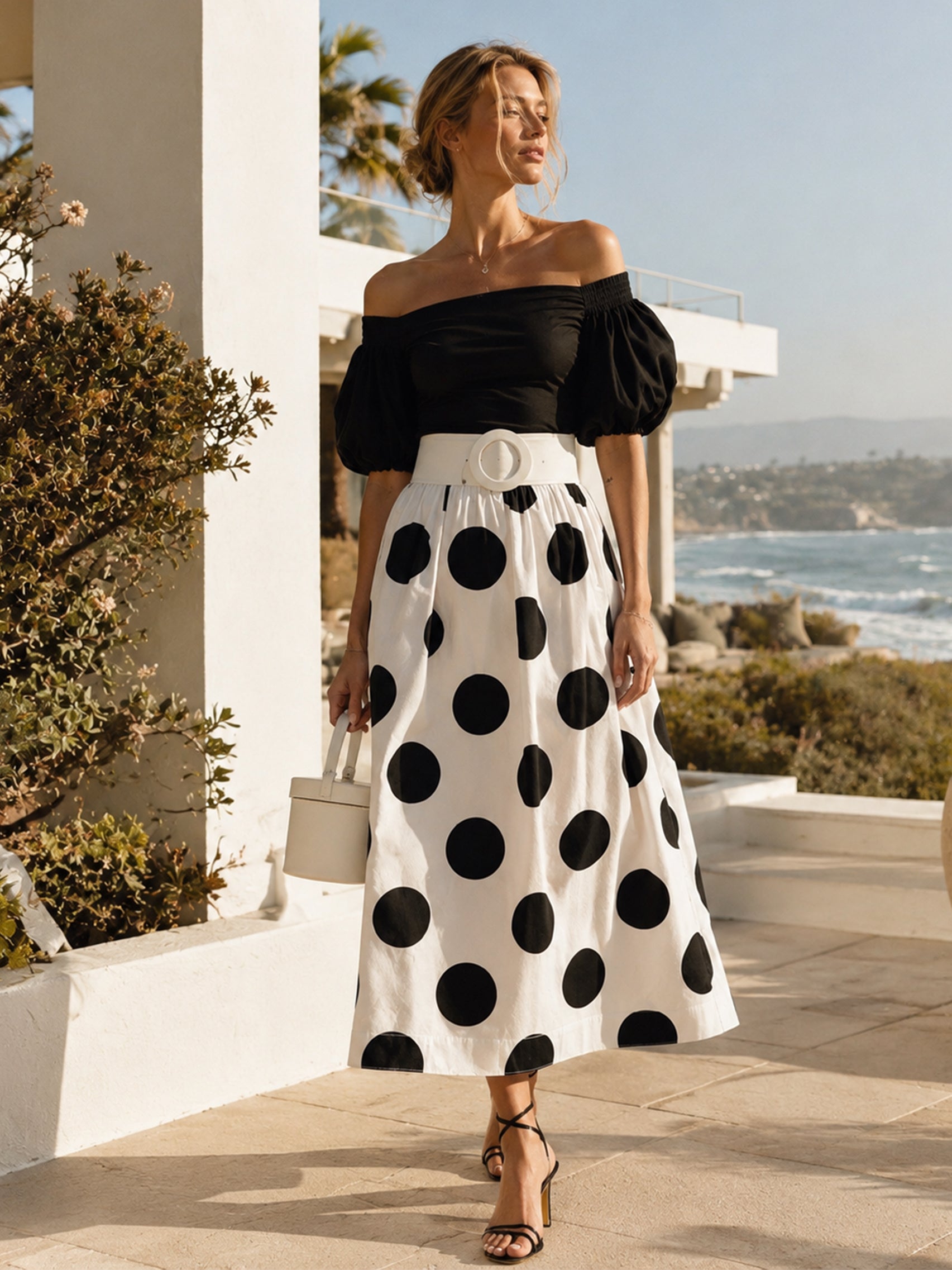 Liserie Off-The-Shoulder Polka Dot Midi Dress With Wide Belt