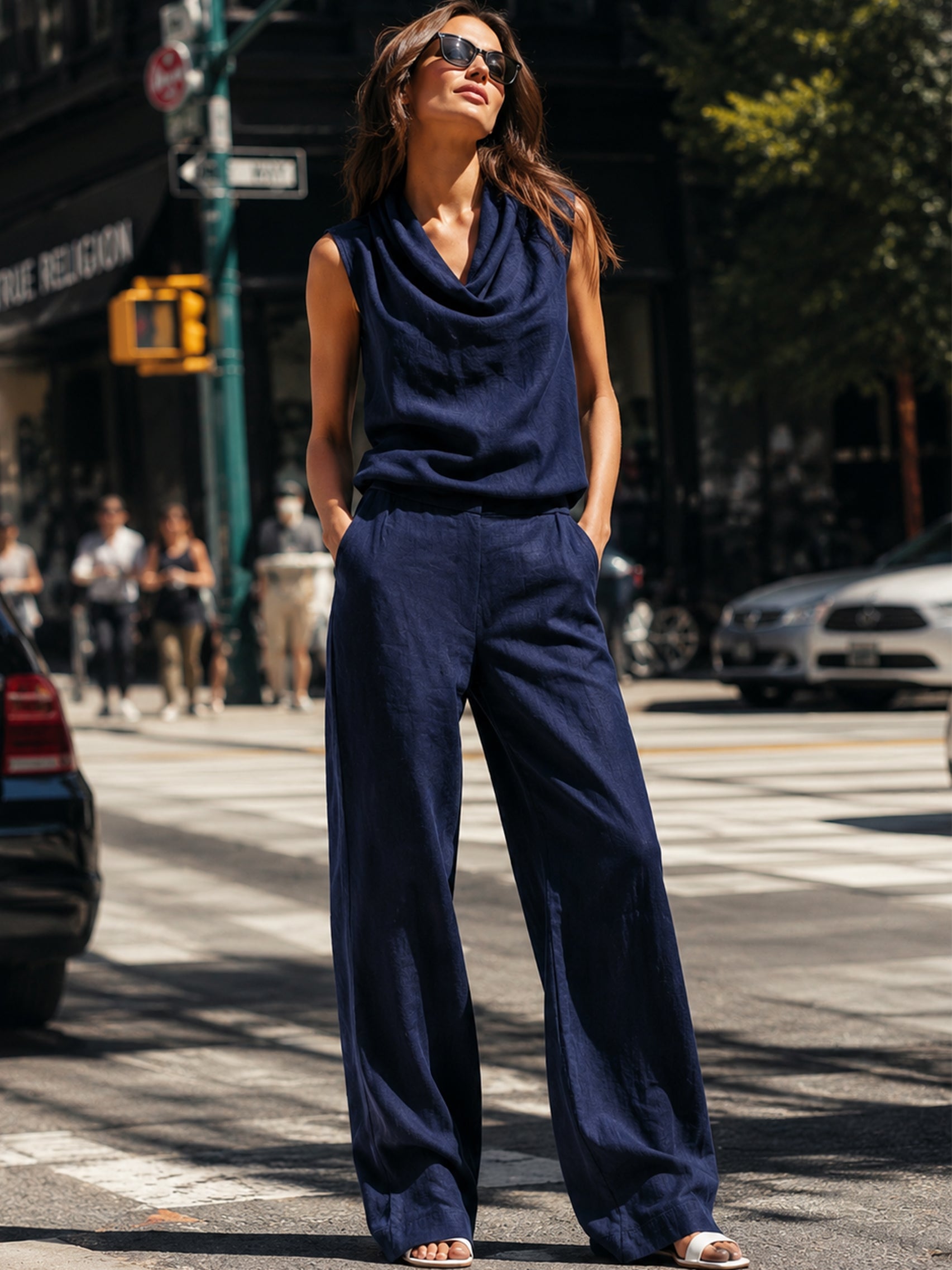 Liserie Linen Cowl Neck Top & Wide-Leg Trouser Set