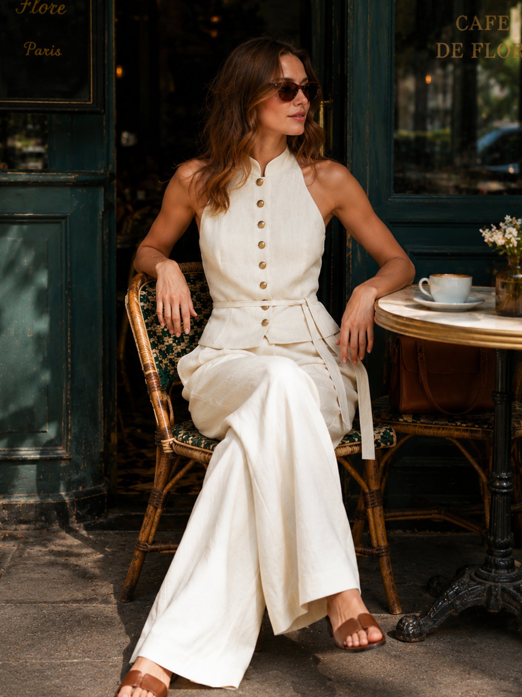 Liserie Linen Halter Top & High Waist Wide Leg Pants Set