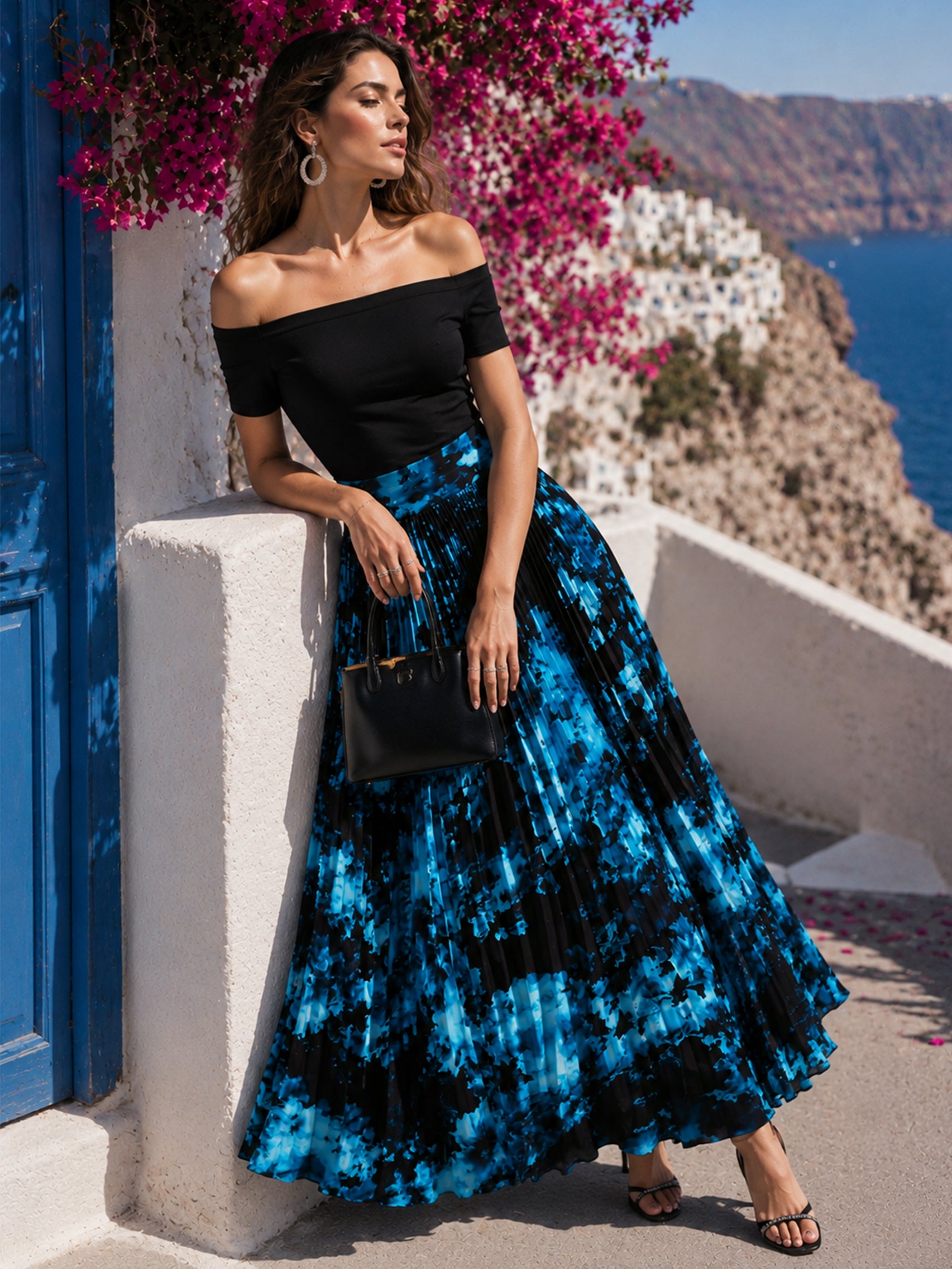 Liserie  Knit Top & Blue Floral Print Pleated Maxi Skirt Set