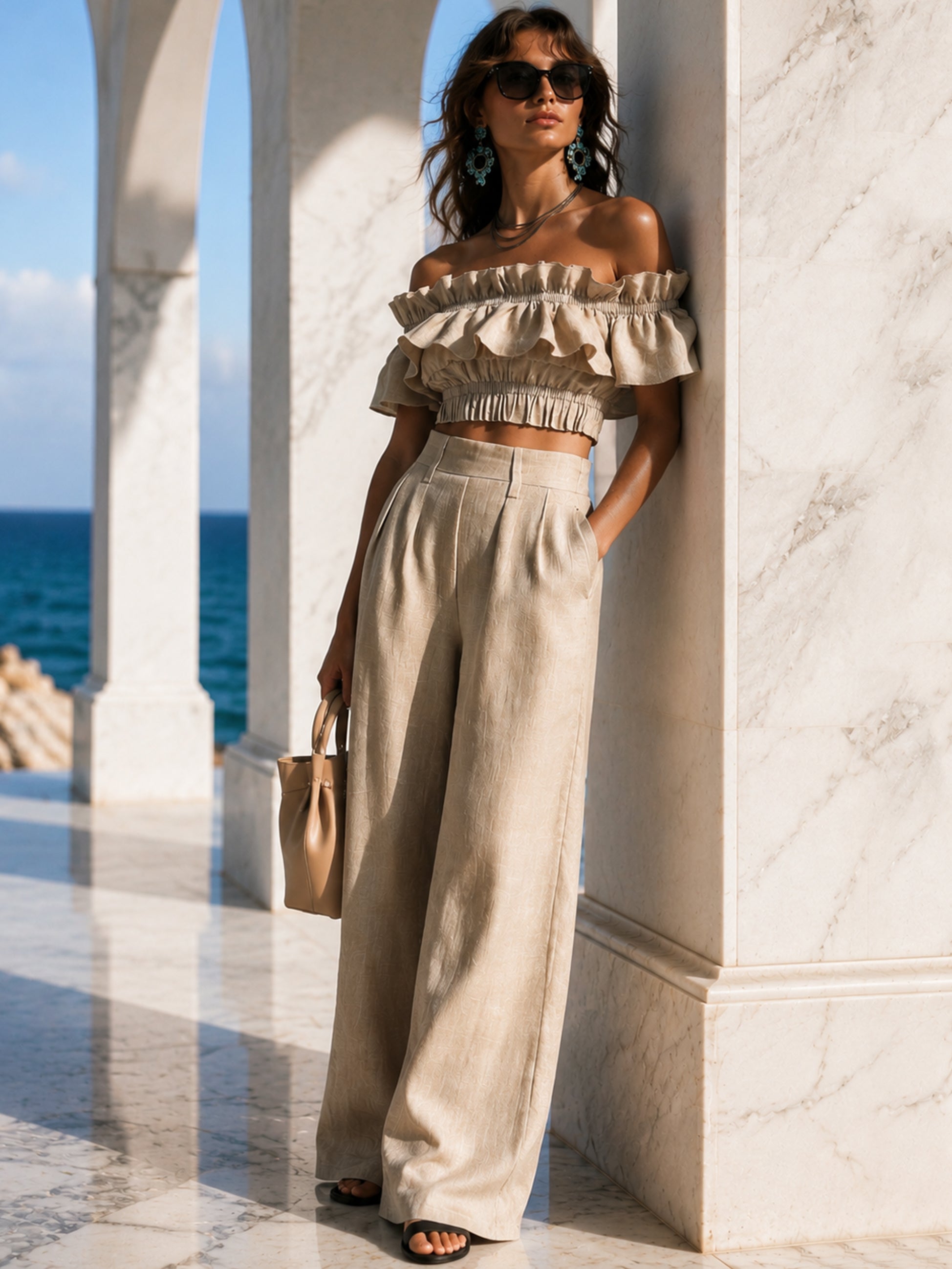Elegant Off-Shoulder Ruffled Crop Top & Wide-Leg Pants Two-Piece Set