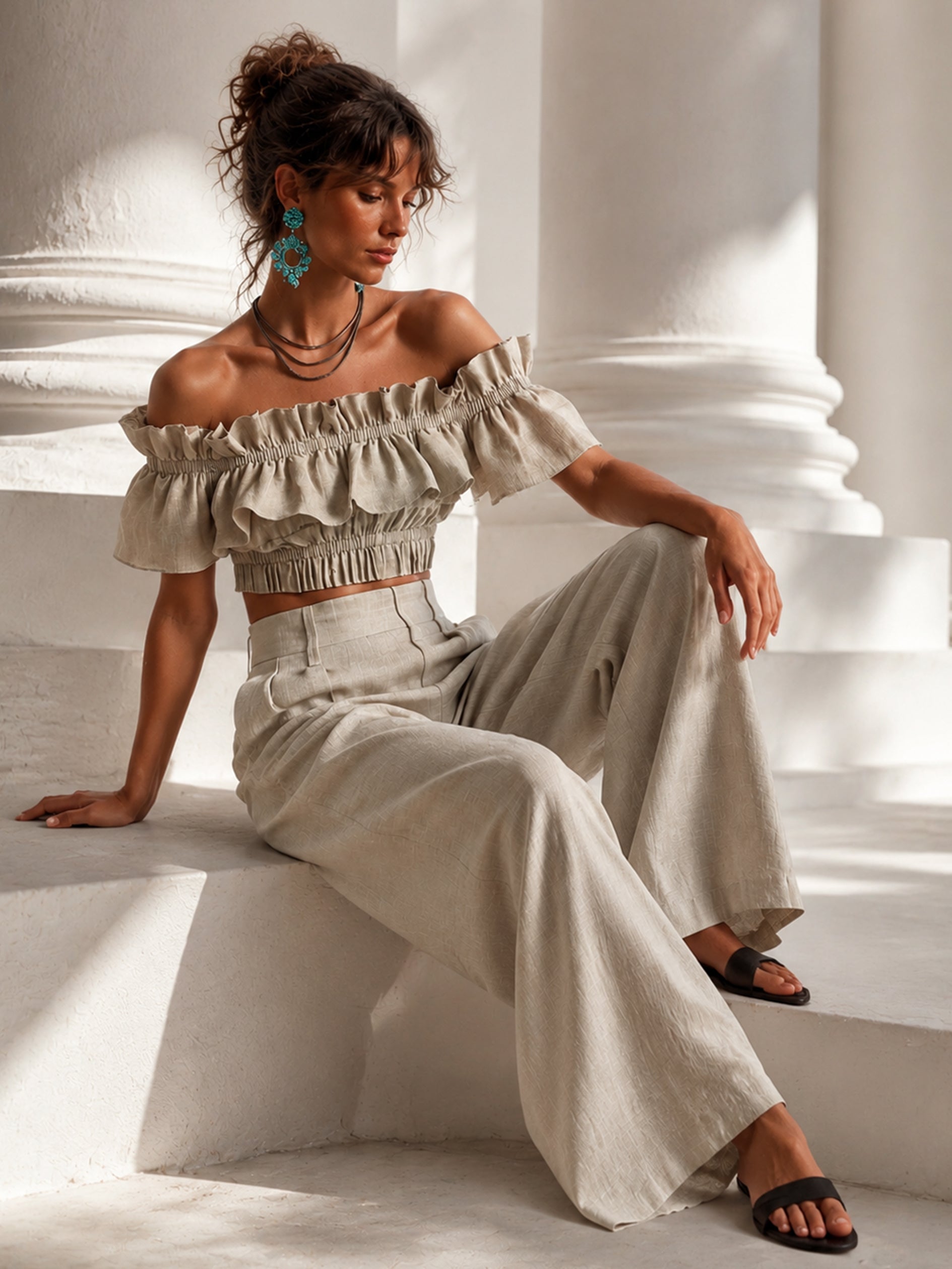 Elegant Off-Shoulder Ruffled Crop Top & Wide-Leg Pants Two-Piece Set
