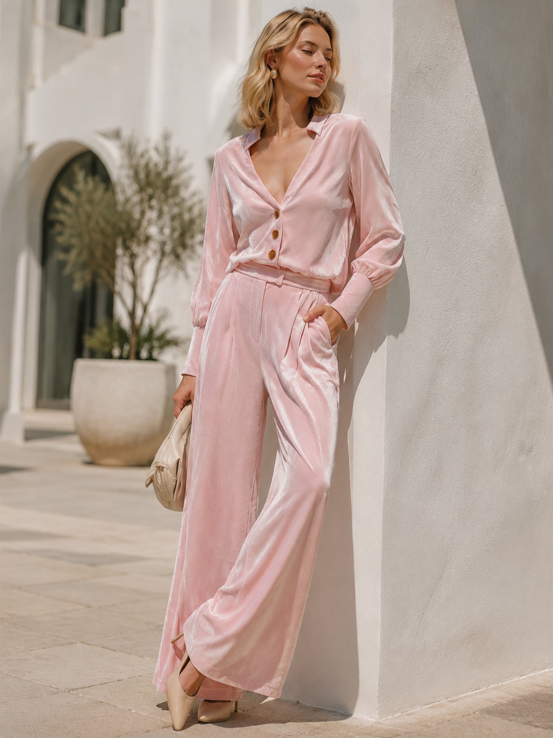 Elegant Velvet Suit: V-Neck Blouse & Wide Leg Pants