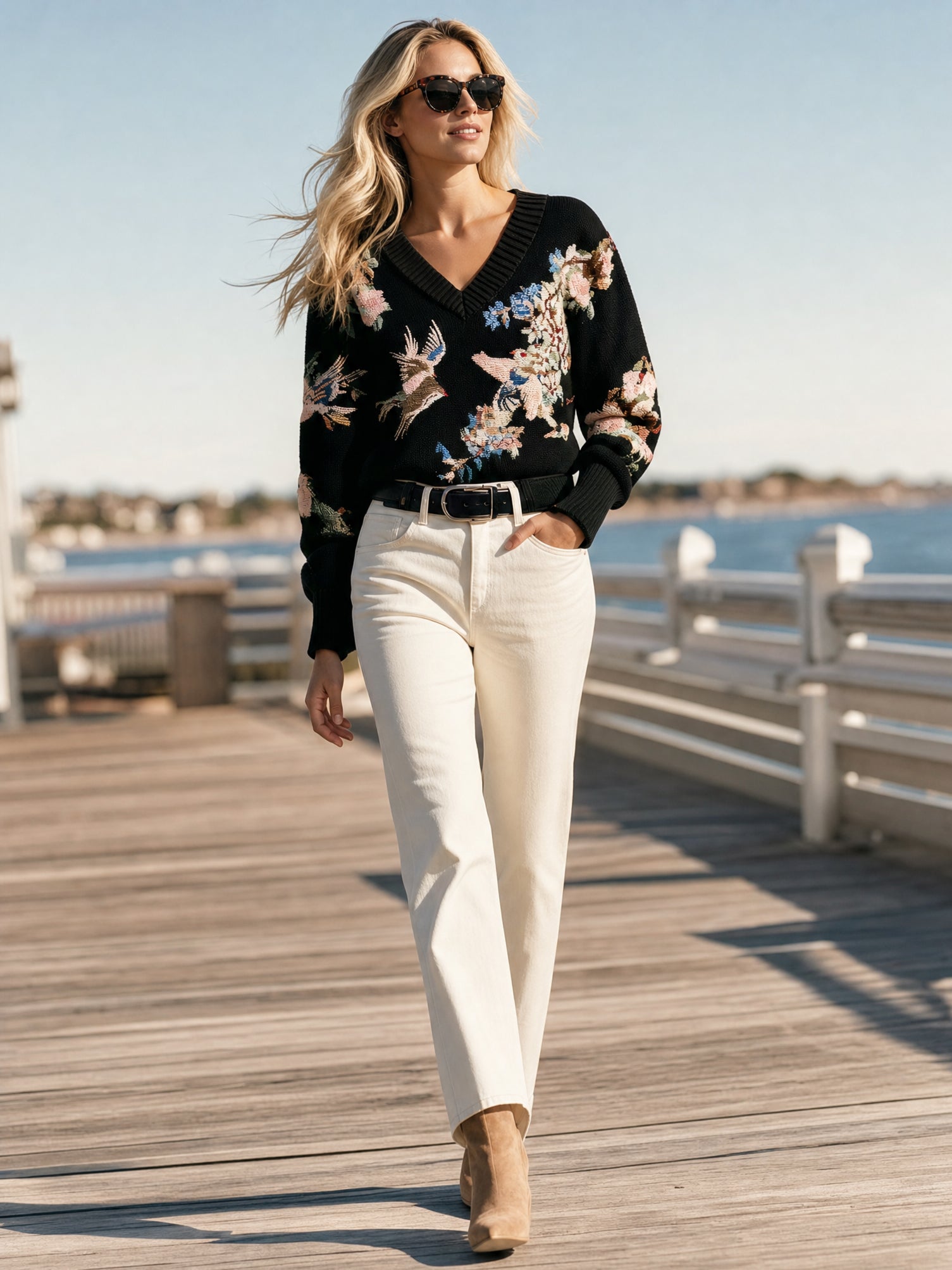 Black V‑Neck Bird‑Floral Knit Sweater