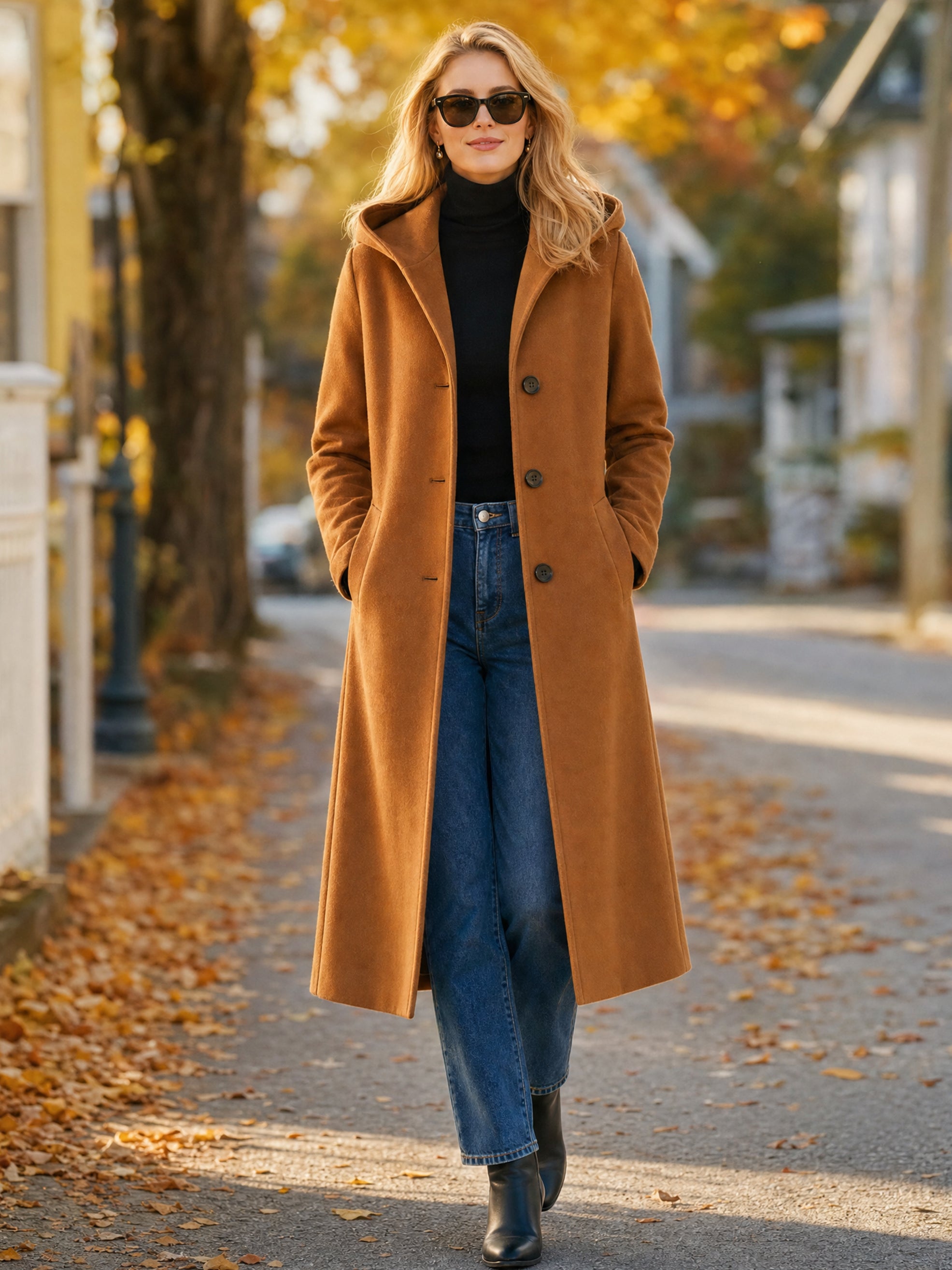 Camel Hooded Wool‑Blend Long Coat Outerwear