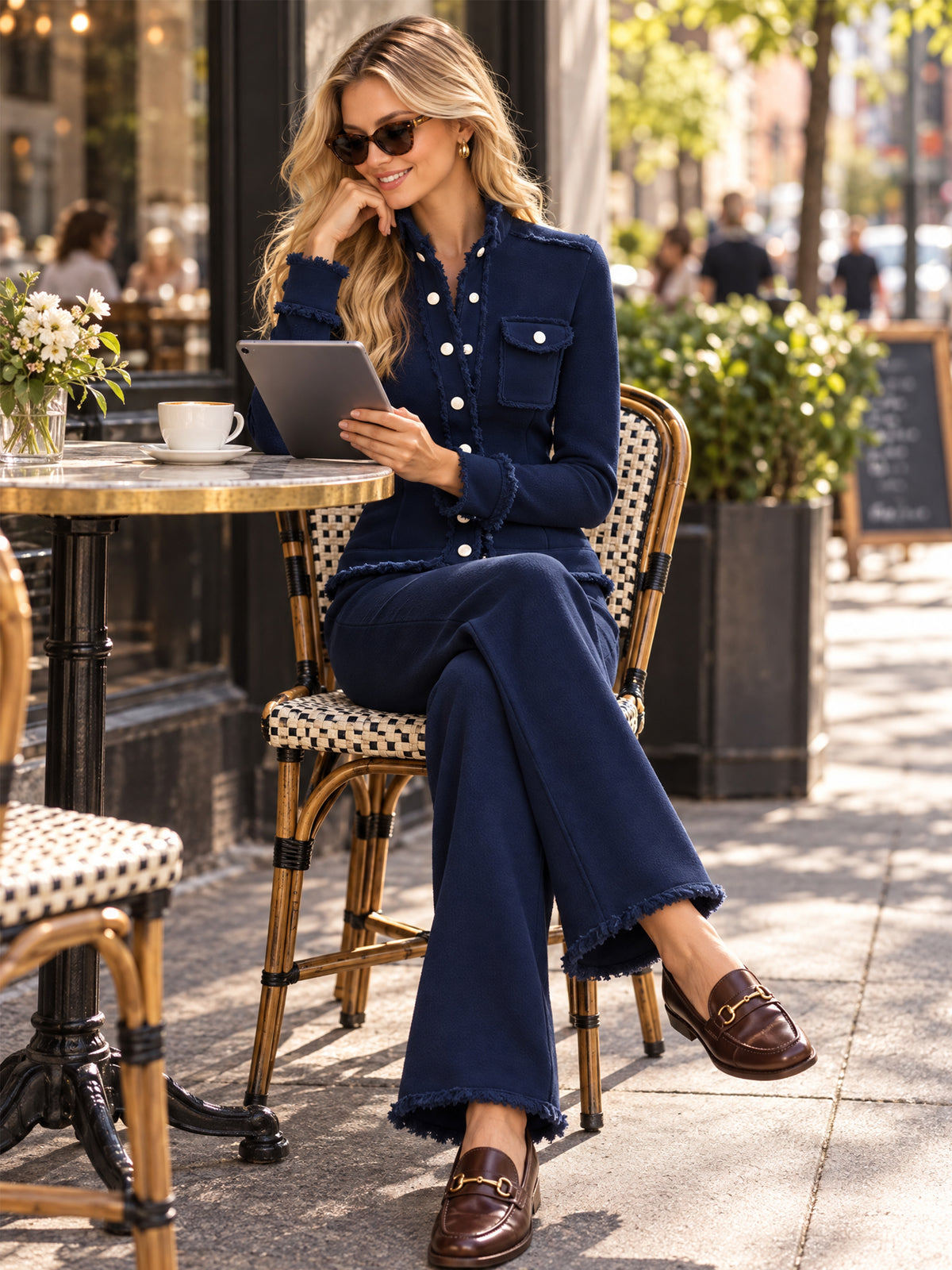 Navy Fringe Trim Button-Up Sweatshirt