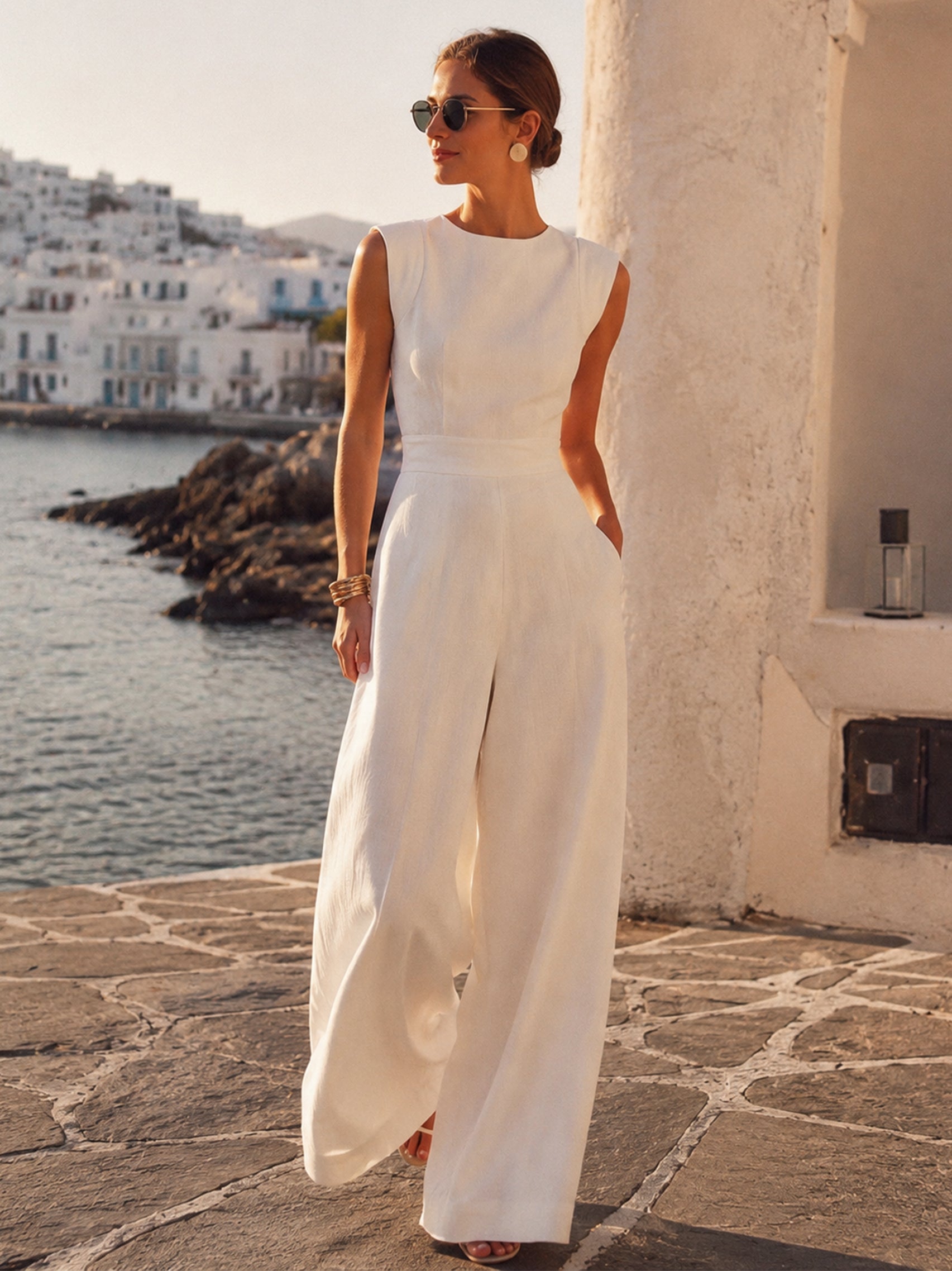 Liserie Linen White Sleeveless Jumpsuit
