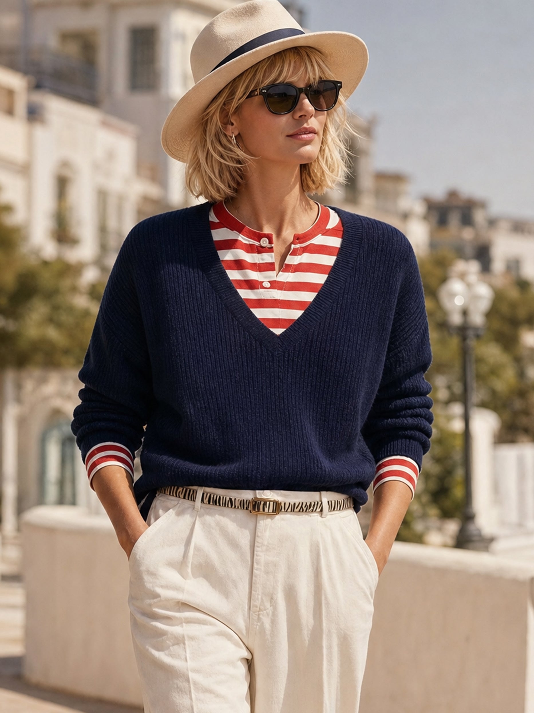 V‑Neck Faux Two‑Piece Knit Sweater