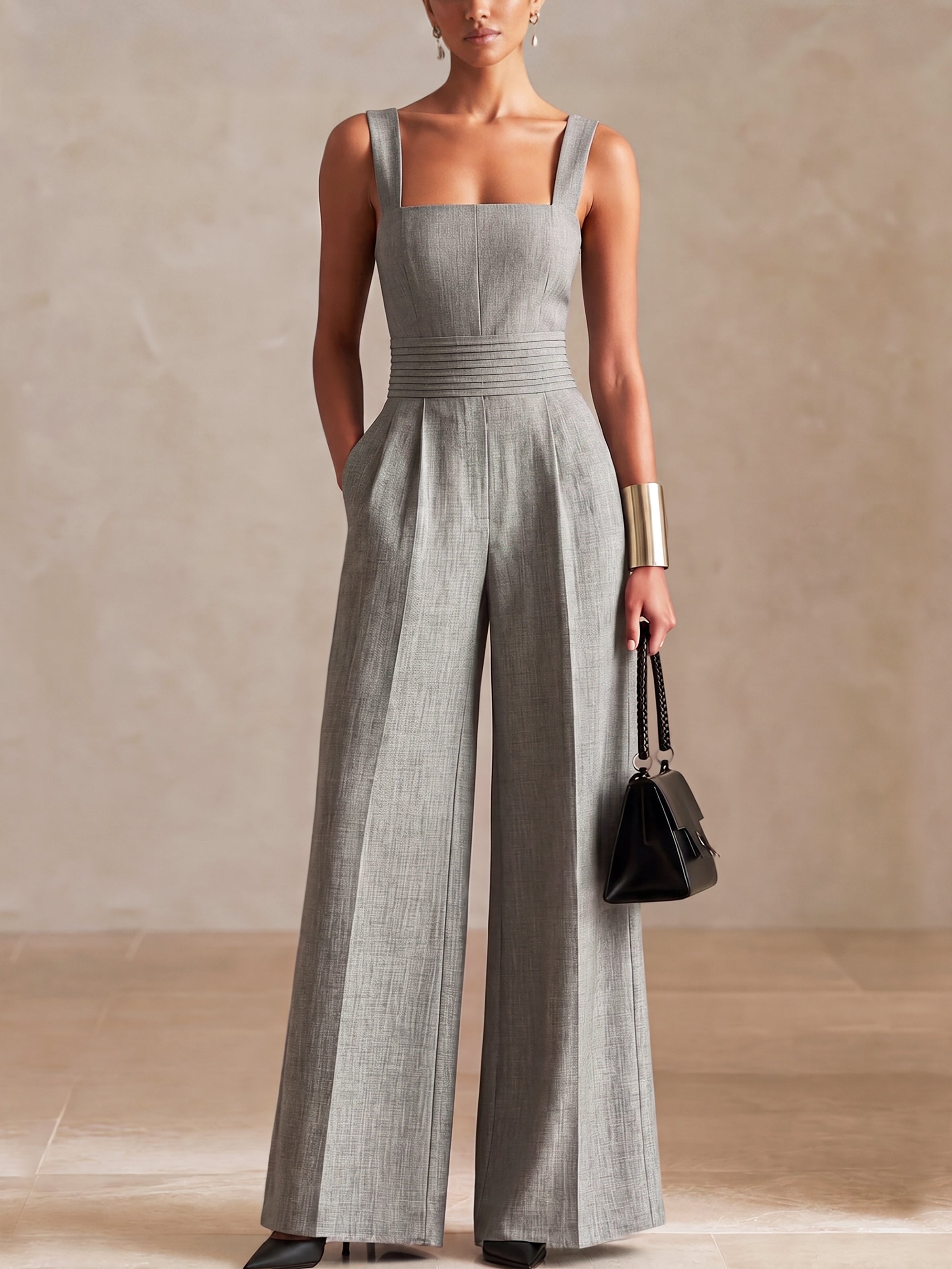 Liserie Linen Tailored Grey Jumpsuit With Pockets