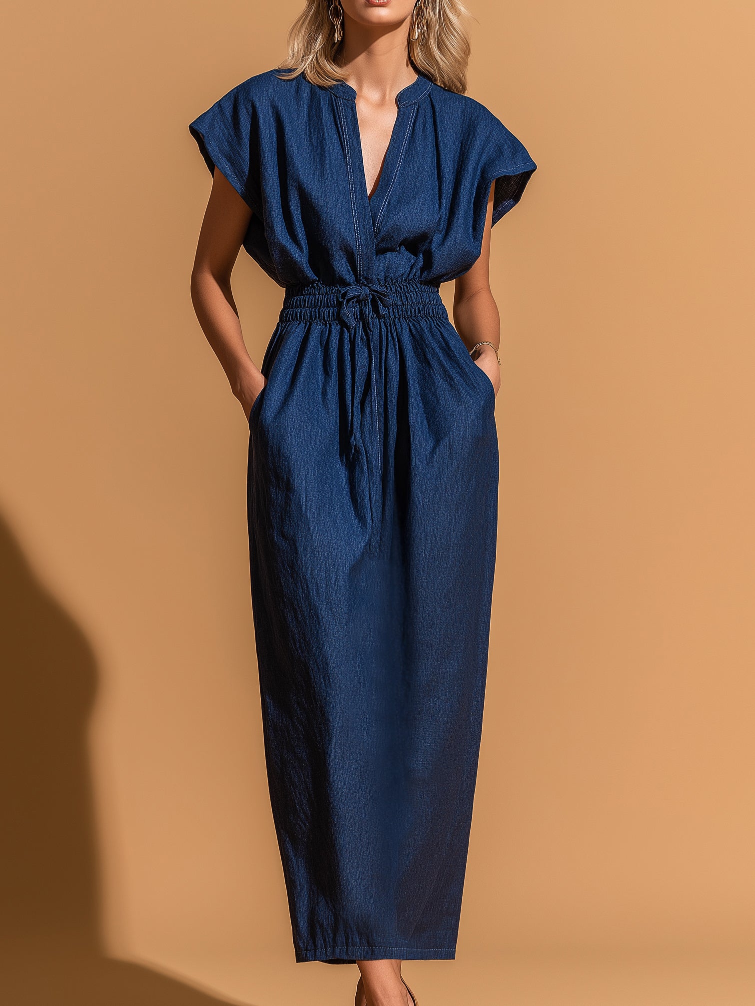 Liserie Denim Dolman Sleeve Stretch-Waist Midi Dress