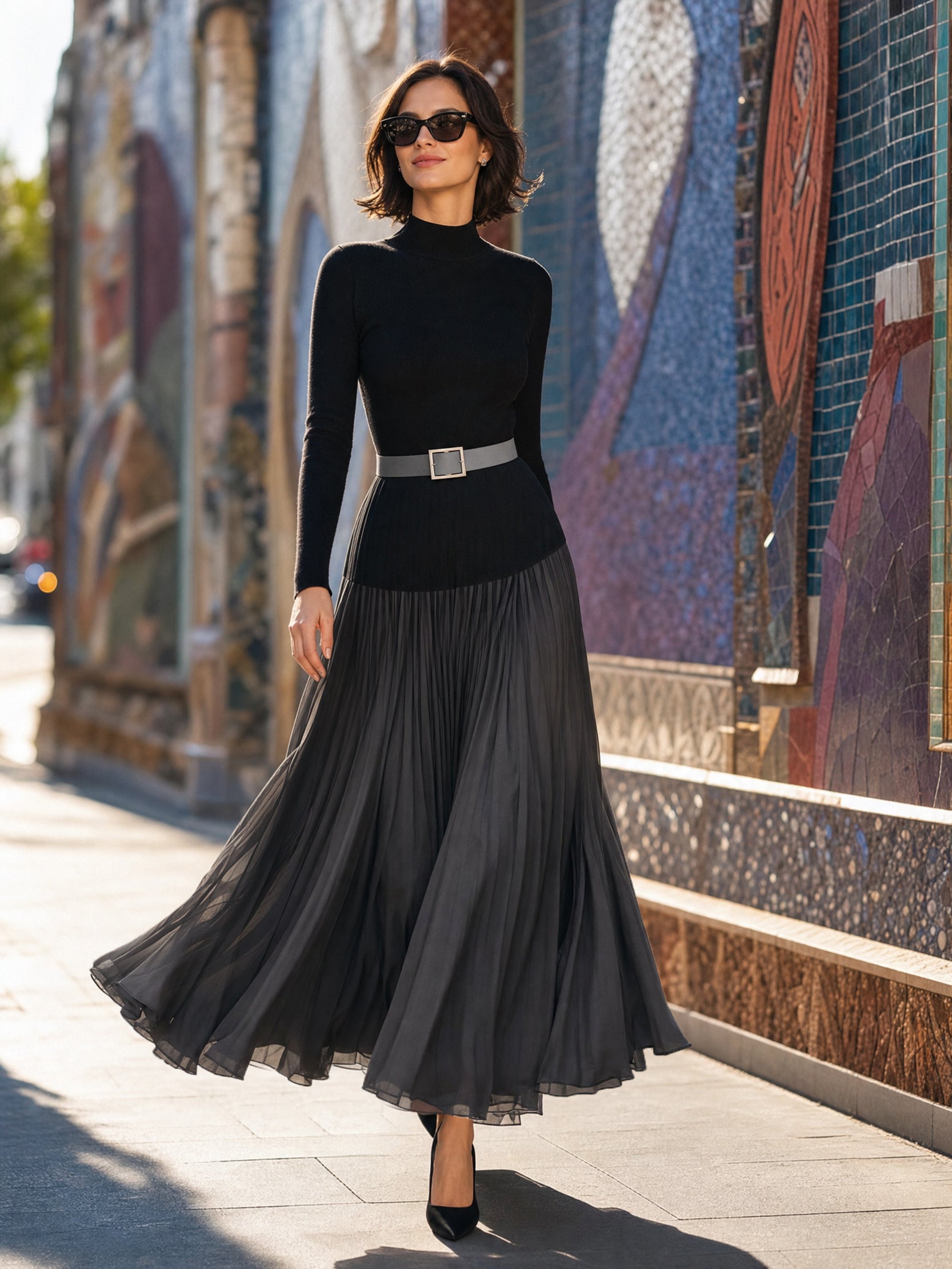 Mock‑Neck Knit‑Chiffon Mixed‑Media Maxi Dress
