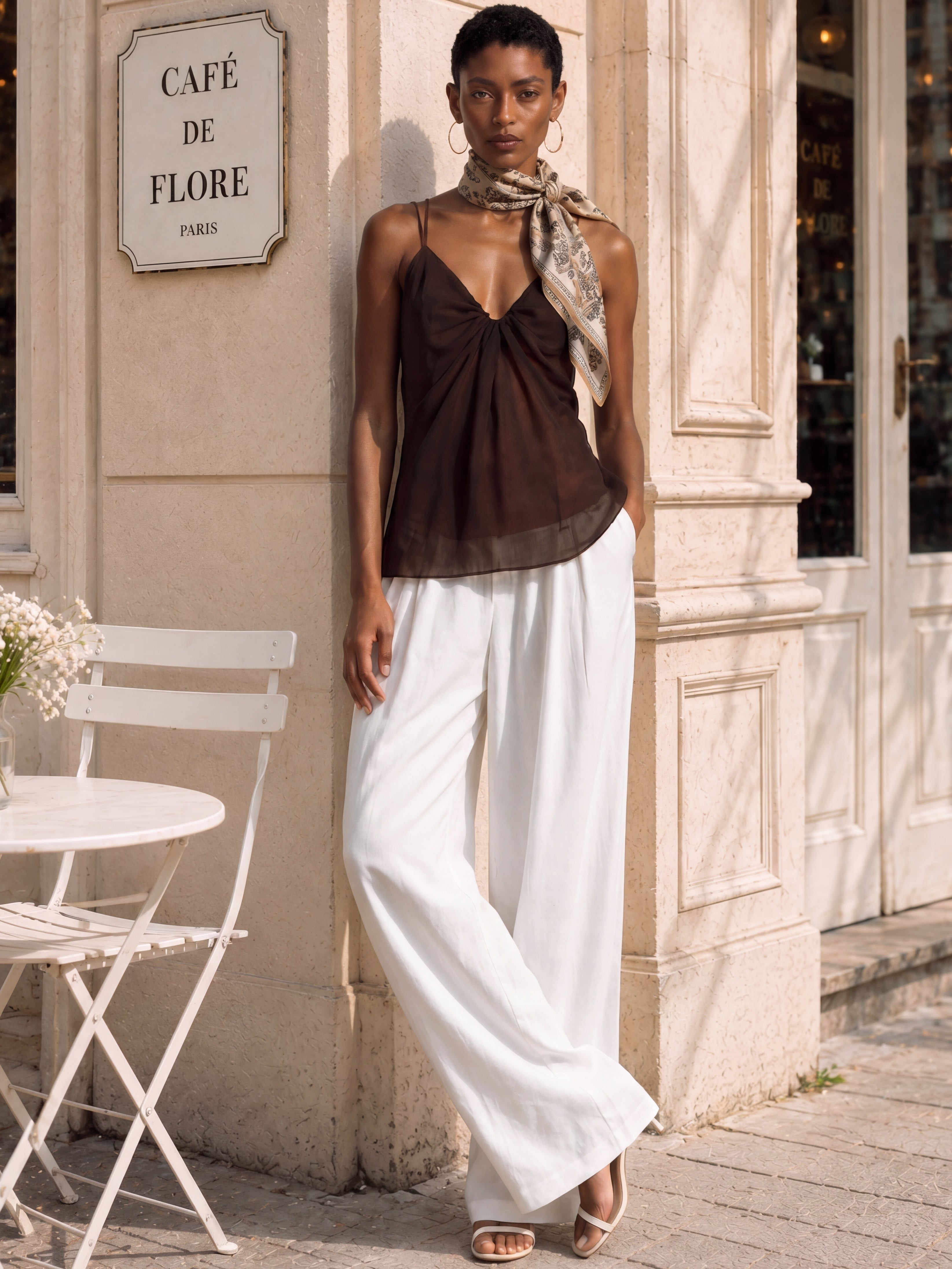 Liserie Chiffon Chocolate Cami Top & Linen White Wide Leg Pants Set