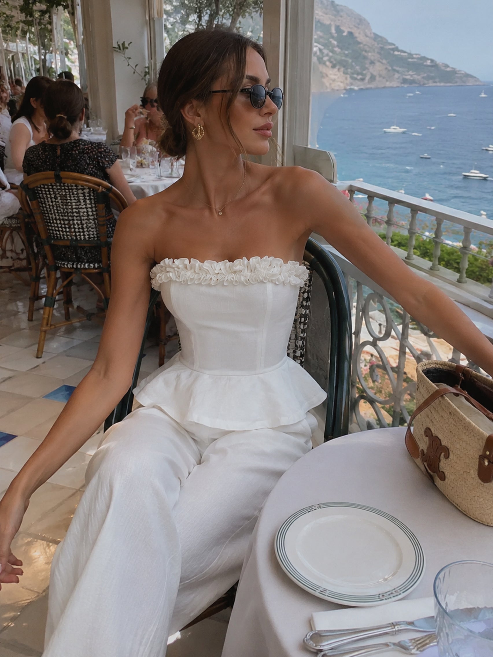 Liserie White Two-Piece Set:Ruffled Strapless Top & Wide Leg Trousers