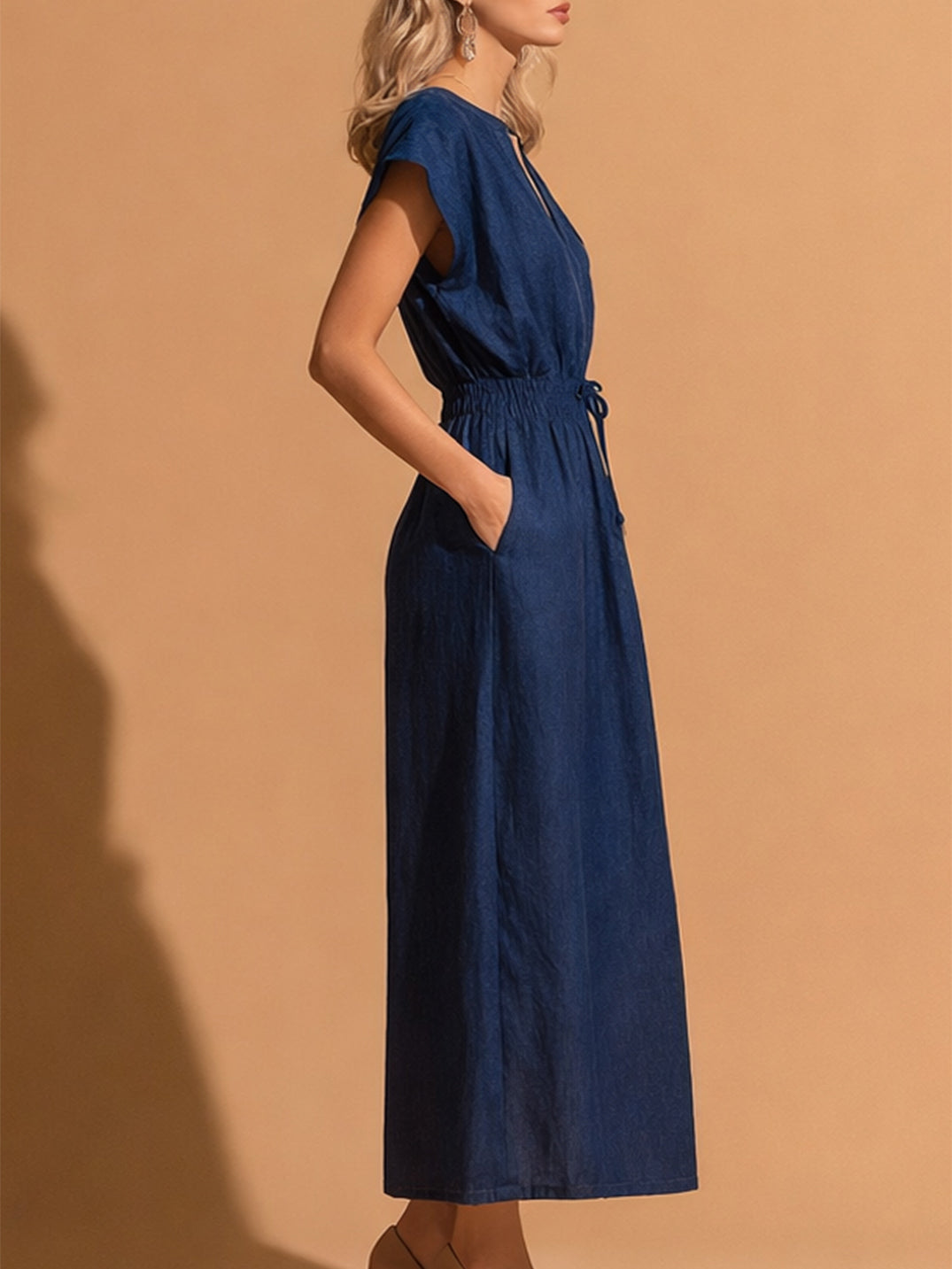 Liserie Denim Dolman Sleeve Stretch-Waist Midi Dress