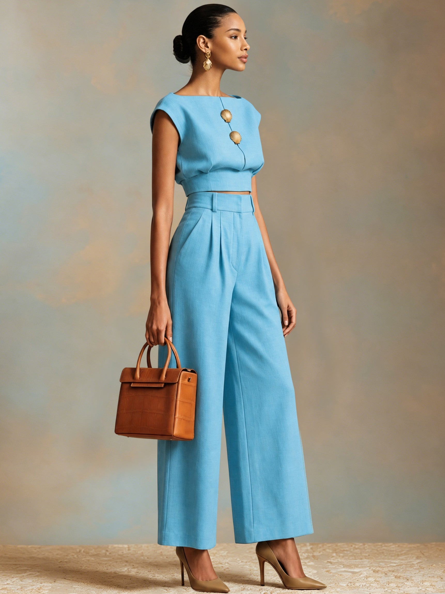 Liserie Light Blue Linen Two-Piece Co-Ord With Statement Buttons