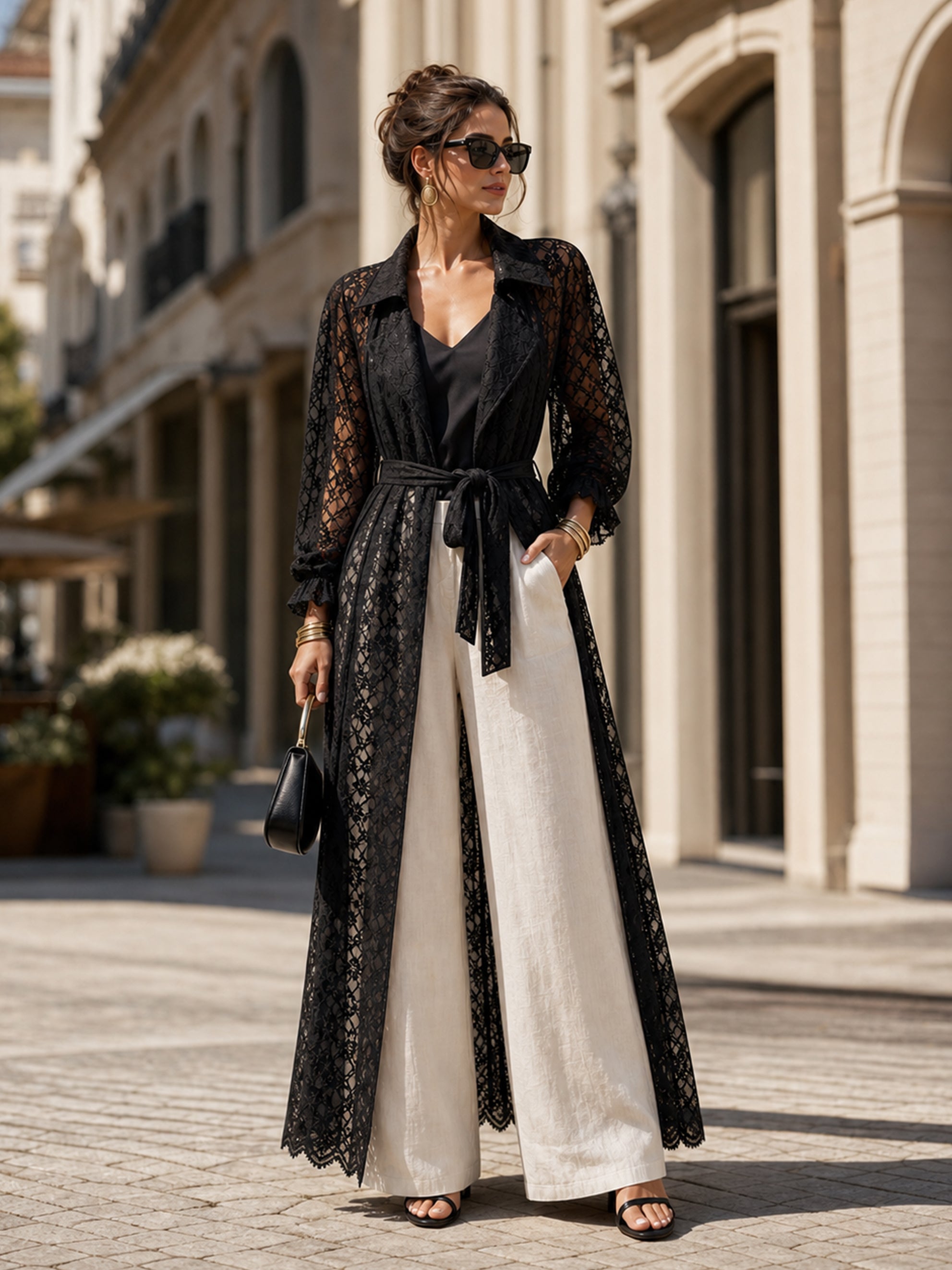 Black Floral Lace Balloon Sleeve Long Trench Coat