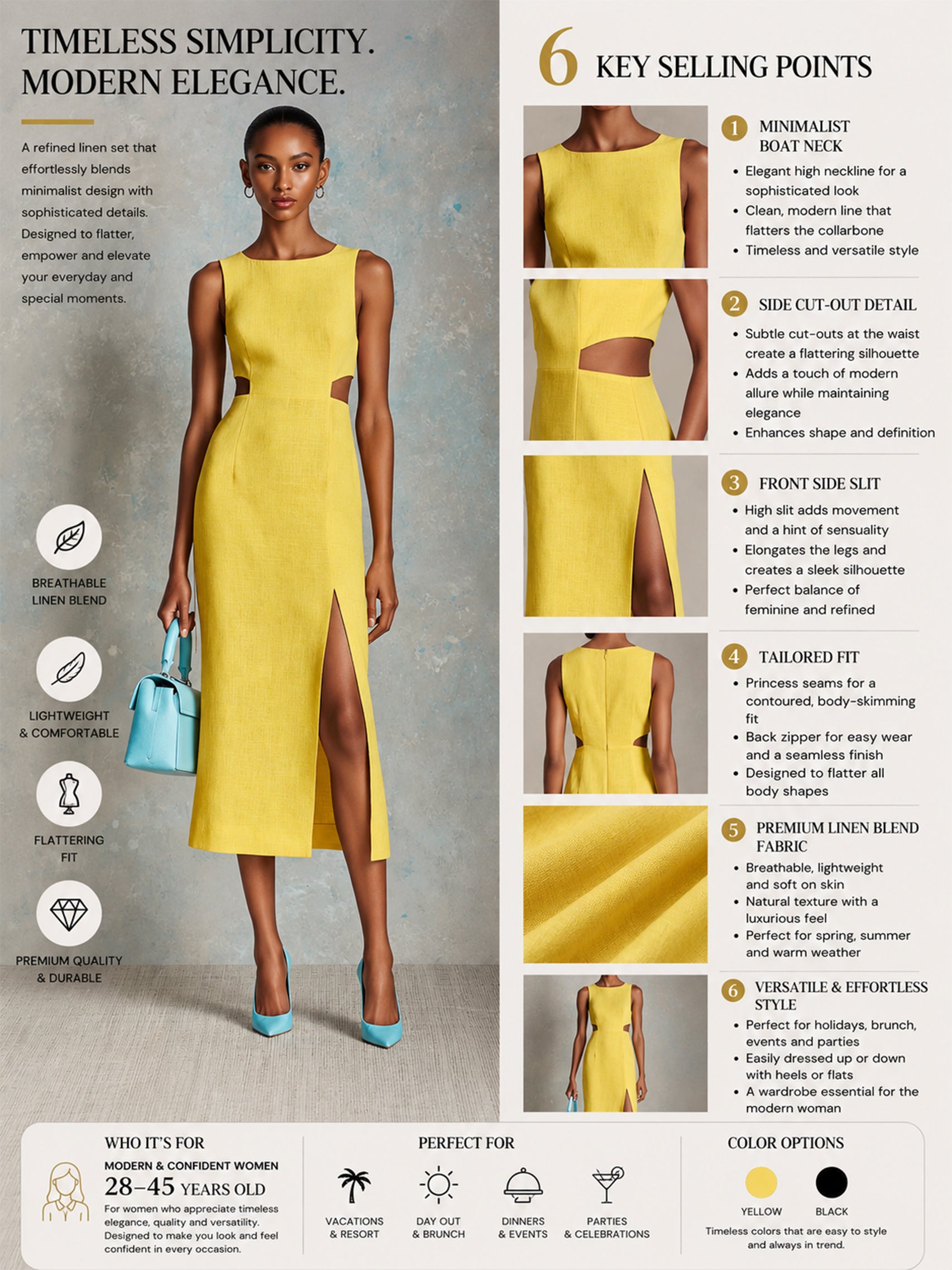 Liserie Linen Cutouts & Front Slit Midi Dress