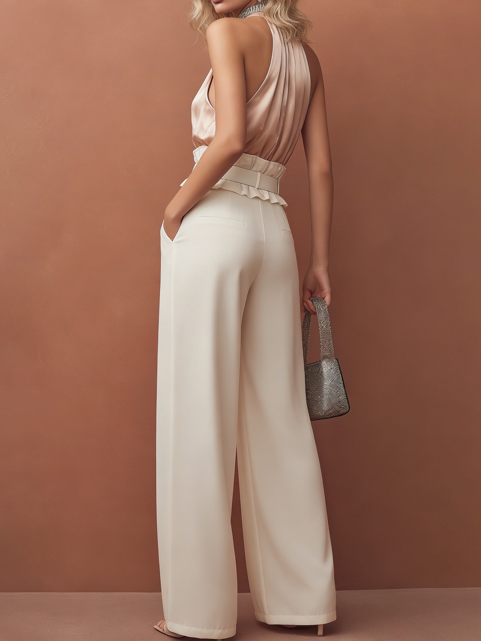 Ensemble Liserie composé d'un haut dos nu en satin et d'un pantalon large à taille fluide-Vêtements de travail