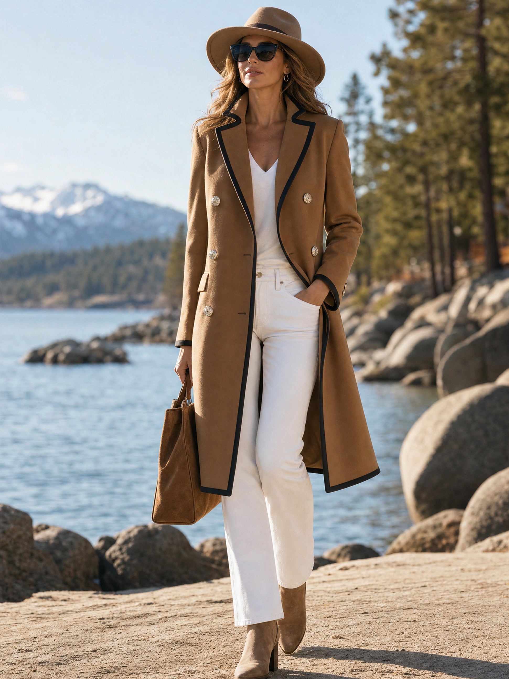 Camel Tailored Black Piping‑Trim Long Coat Outerwear