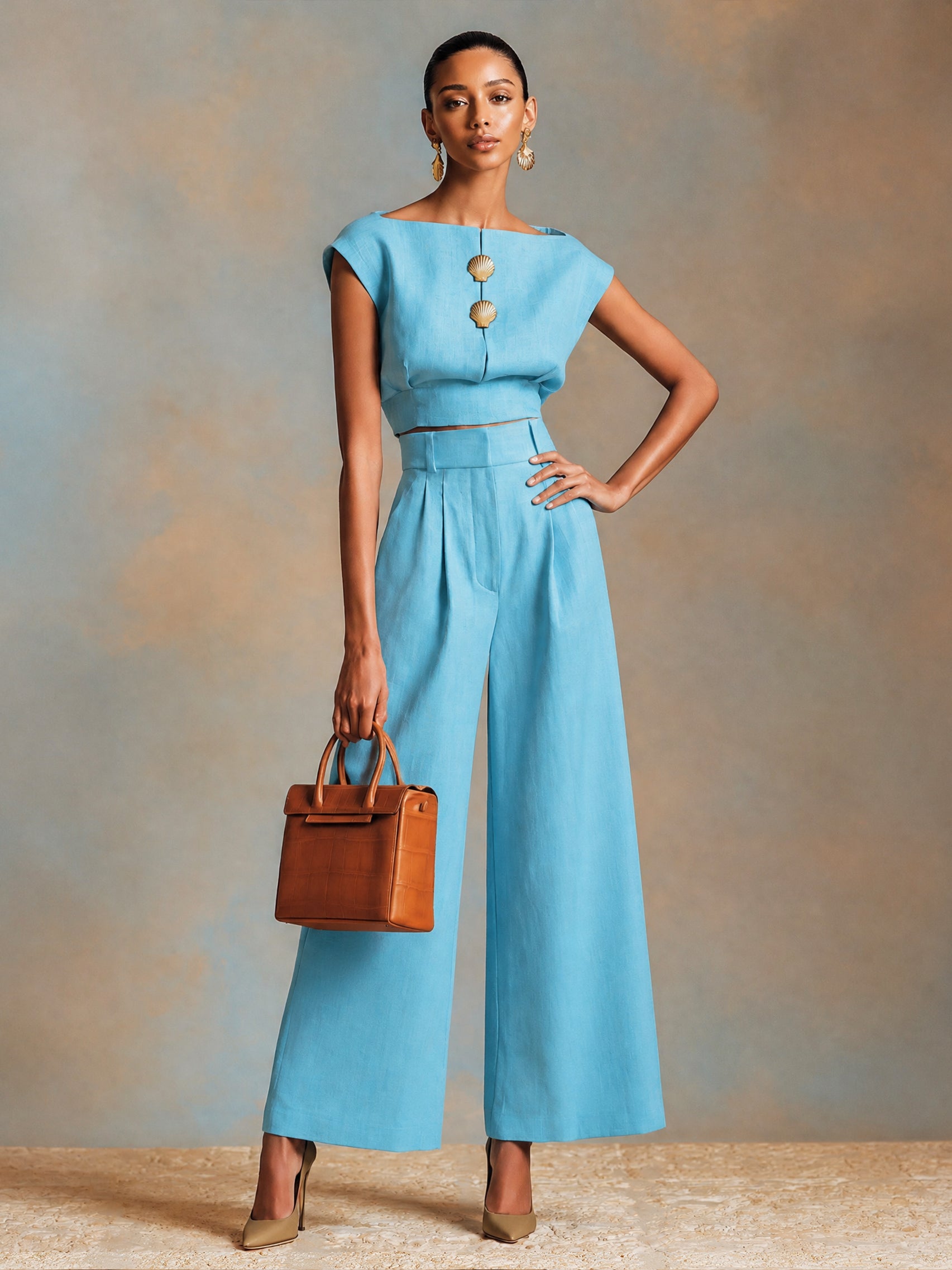 Liserie Light Blue Linen Two-Piece Co-Ord With Statement Buttons