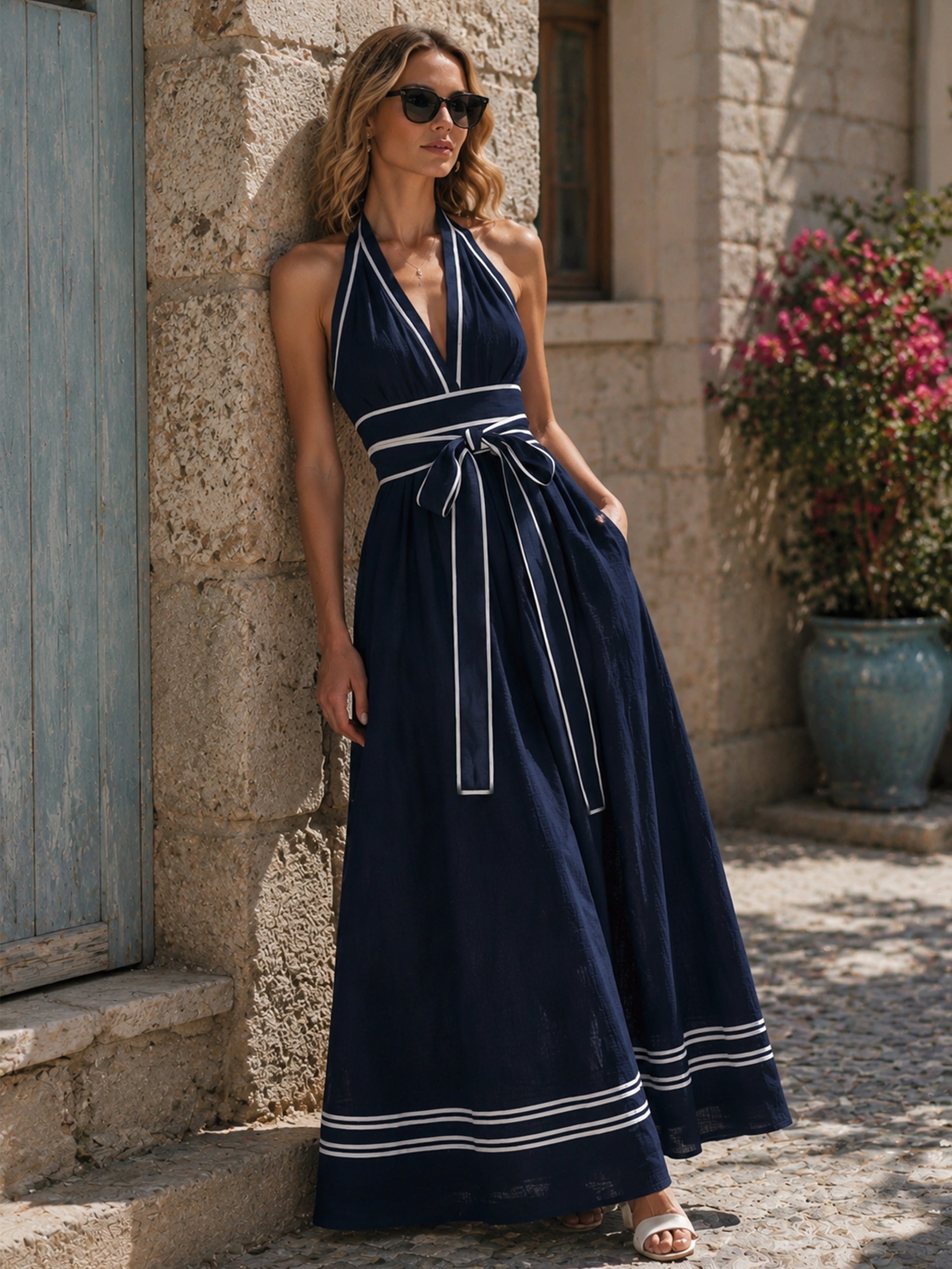 Elegant Linen Halter Neck Maxi Dress With Contrast Piping