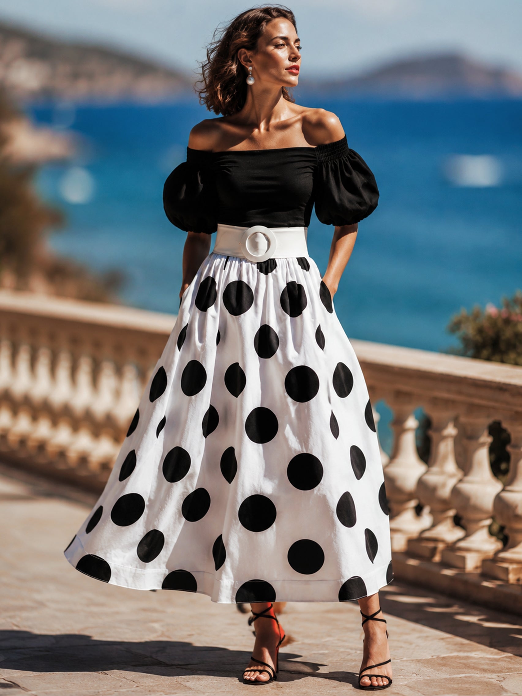 Liserie Off-The-Shoulder Polka Dot Midi Dress With Wide Belt