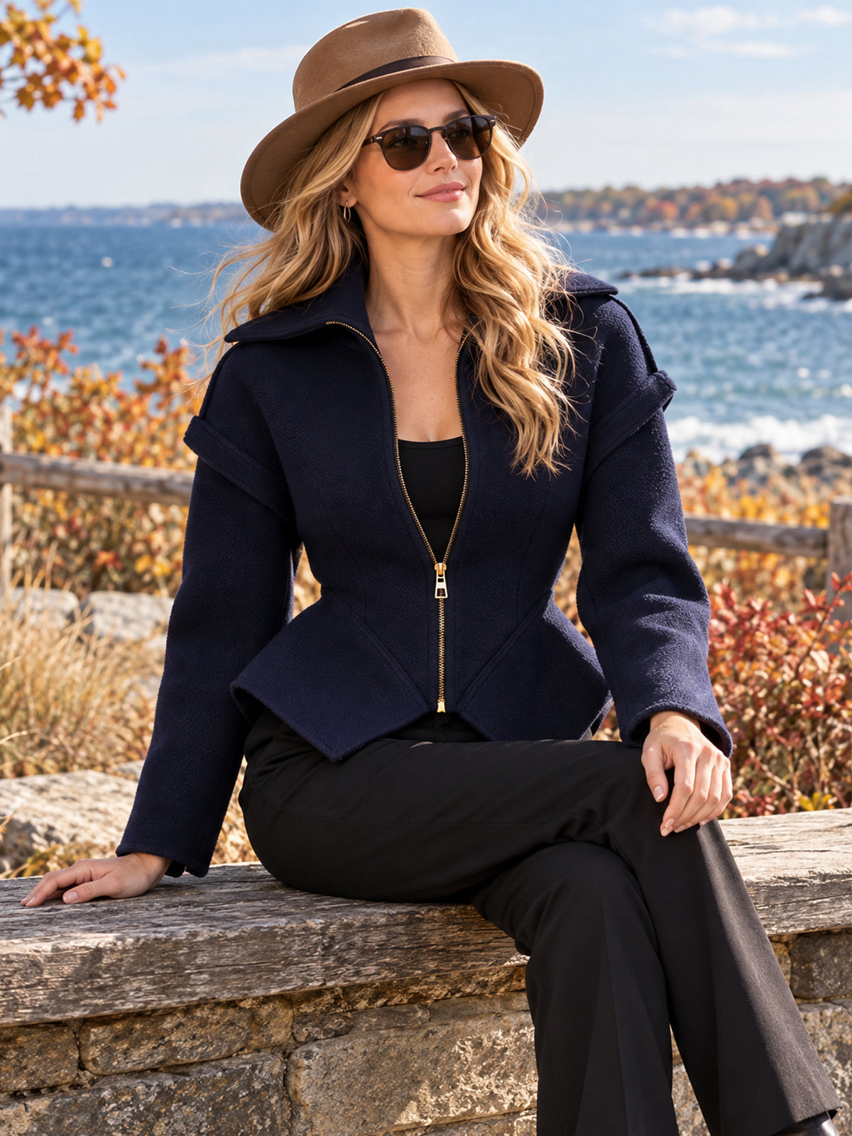 Peplum Zip-Front Structured Wool Blend Jacket