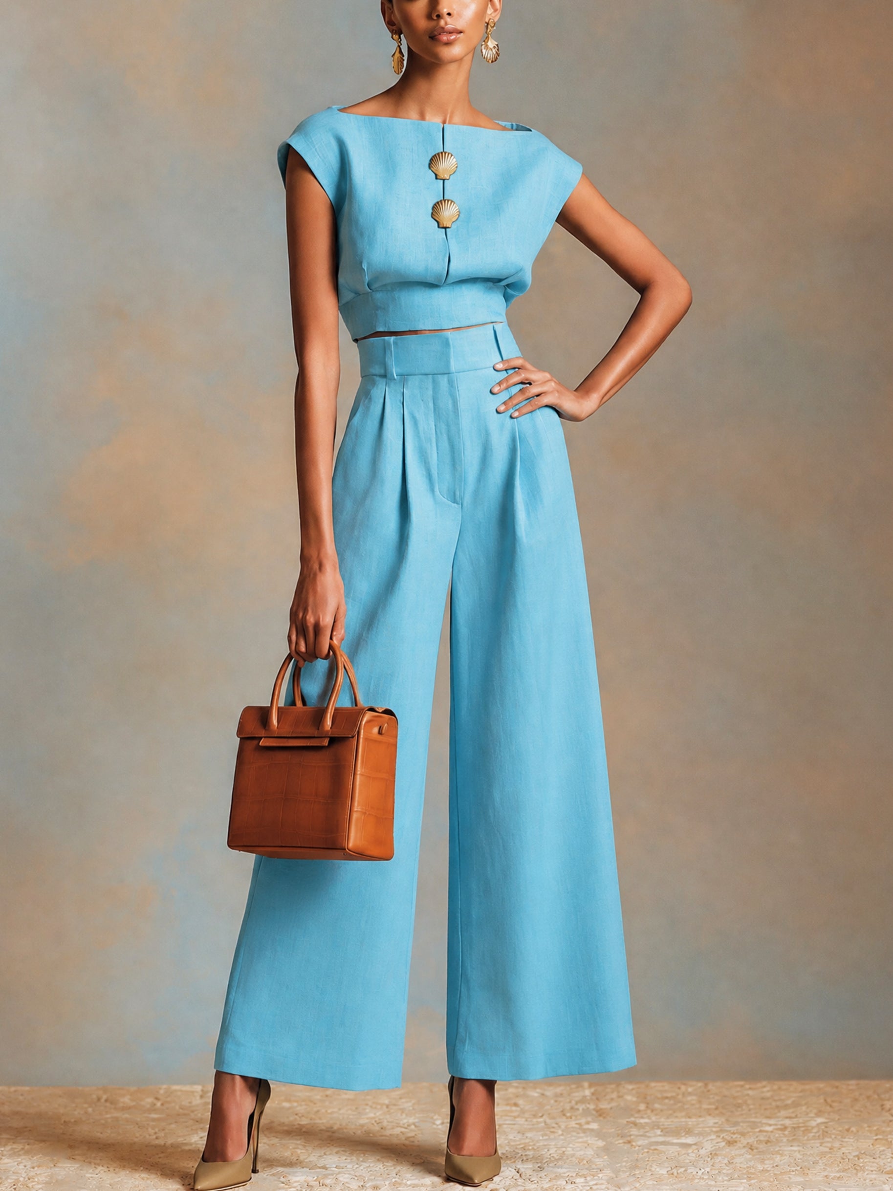 Liserie Light Blue Linen Two-Piece Co-Ord With Statement Buttons