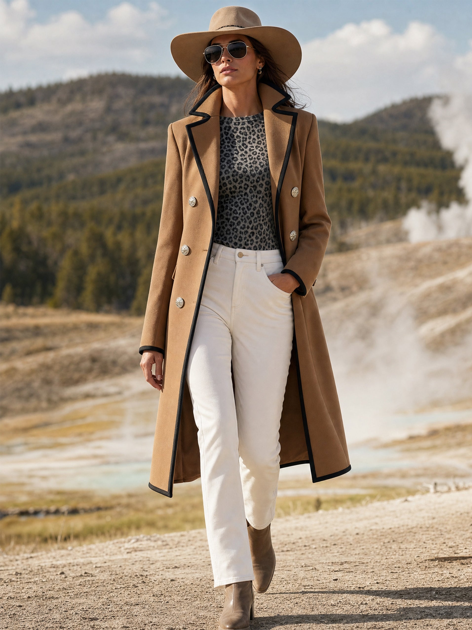 Camel Tailored Black Piping‑Trim Long Coat Outerwear