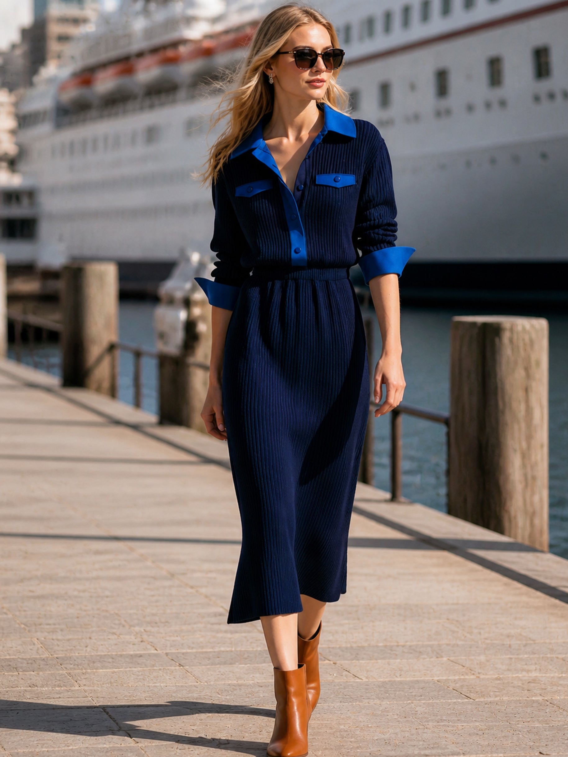 Color‑Block Shirt‑Style Knit Midi Dress