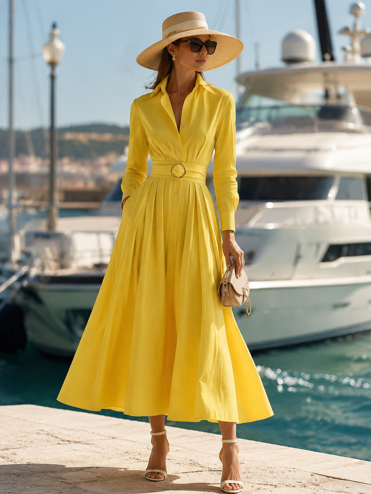 Sunflower Yellow Long Sleeve Belted Shirt Midi Dress